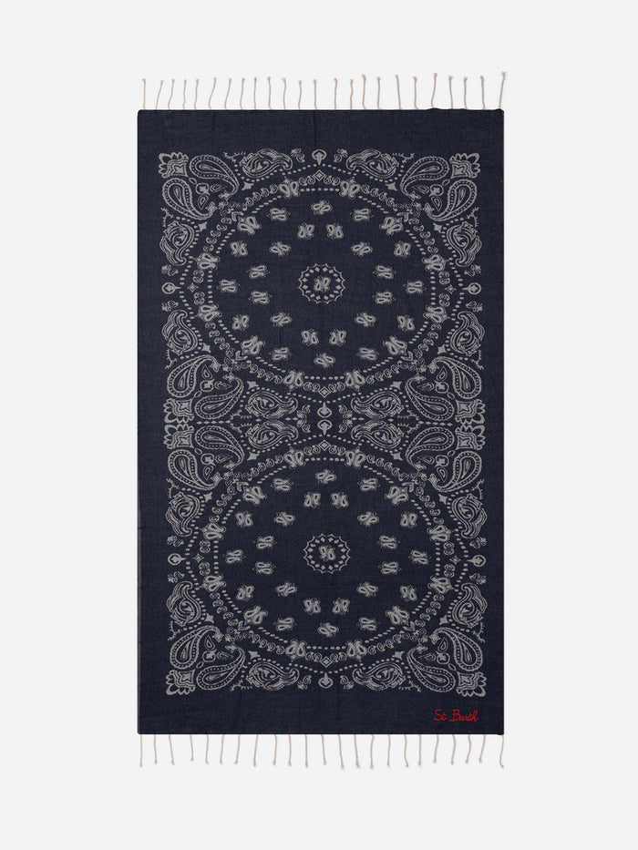 Foutas Cotton Jaquard Beach Towel With Navy Blue Bandana Pattern