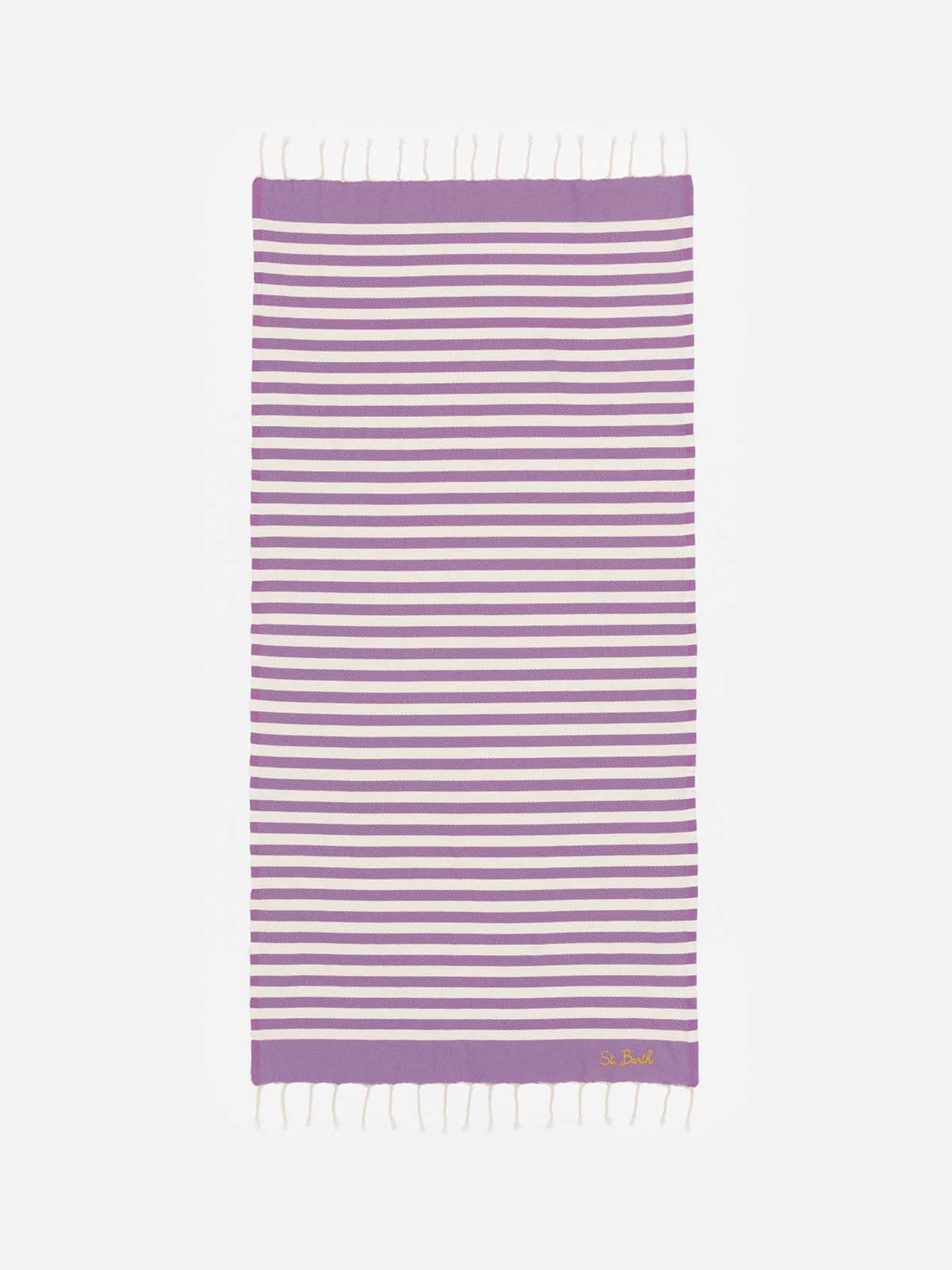 Cotton Beach Towel Fouta With Purple Striped Print Pink