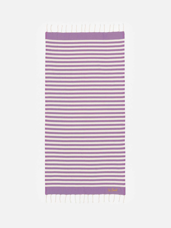 Cotton Beach Towel Fouta With Purple Striped Print Pink