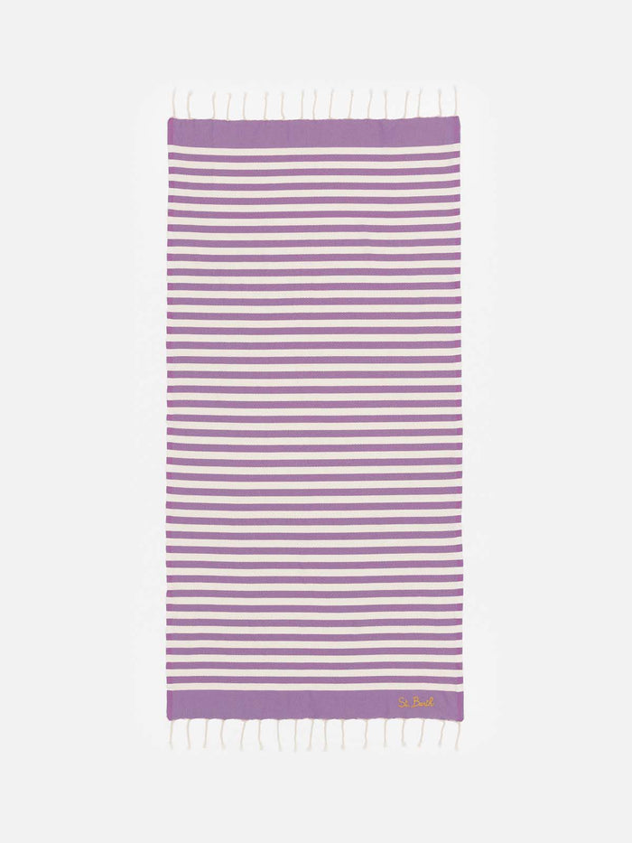 Cotton Beach Towel Fouta With Purple Striped Print Pink