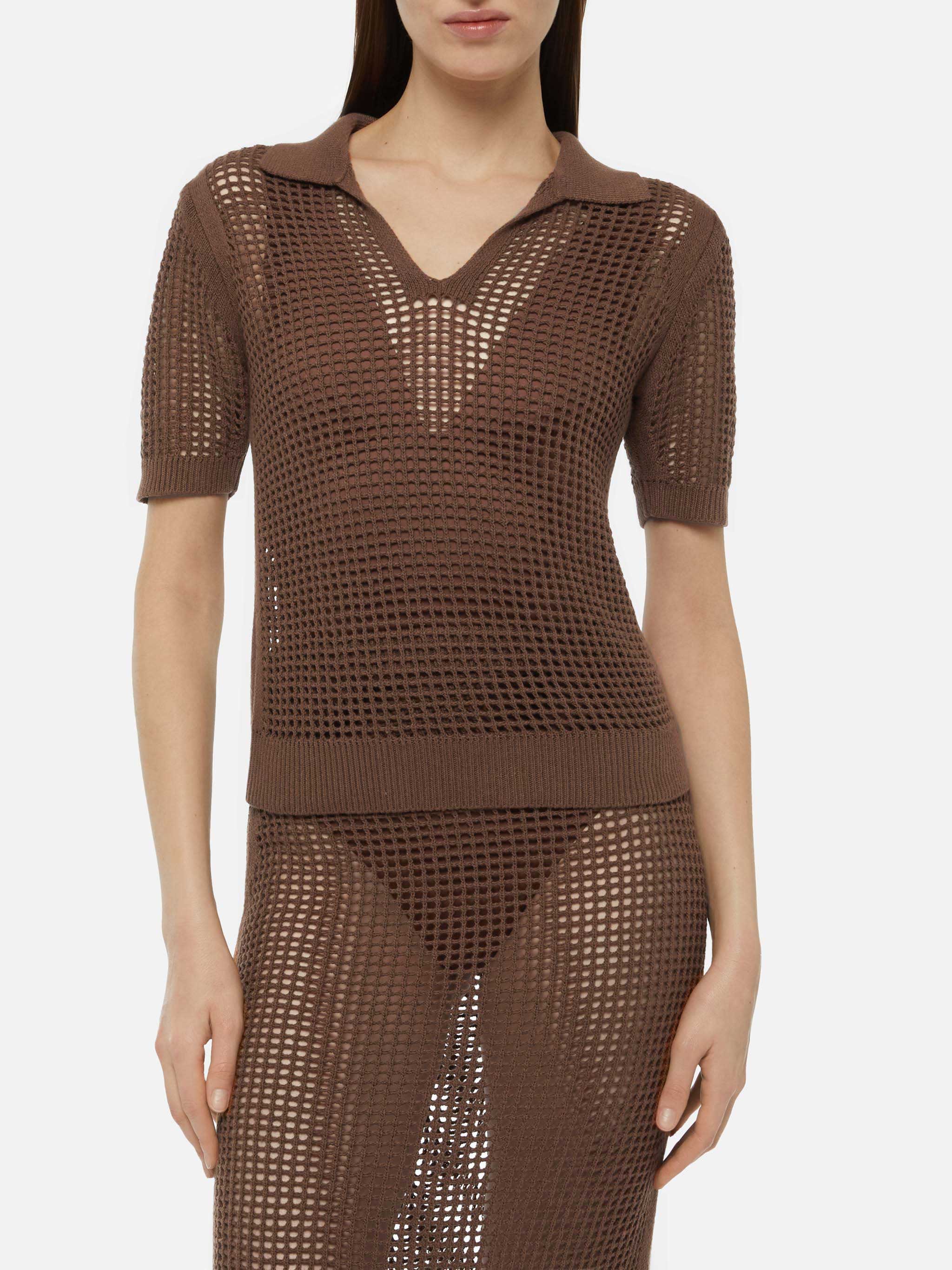 Flora Brown Mesh Crochet Polo Knitwear
