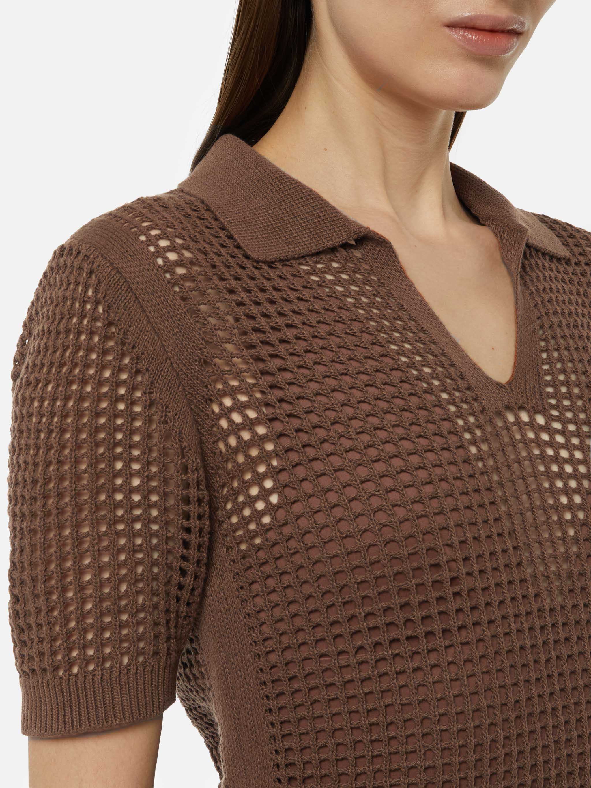 Flora Brown Mesh Crochet Polo Knitwear