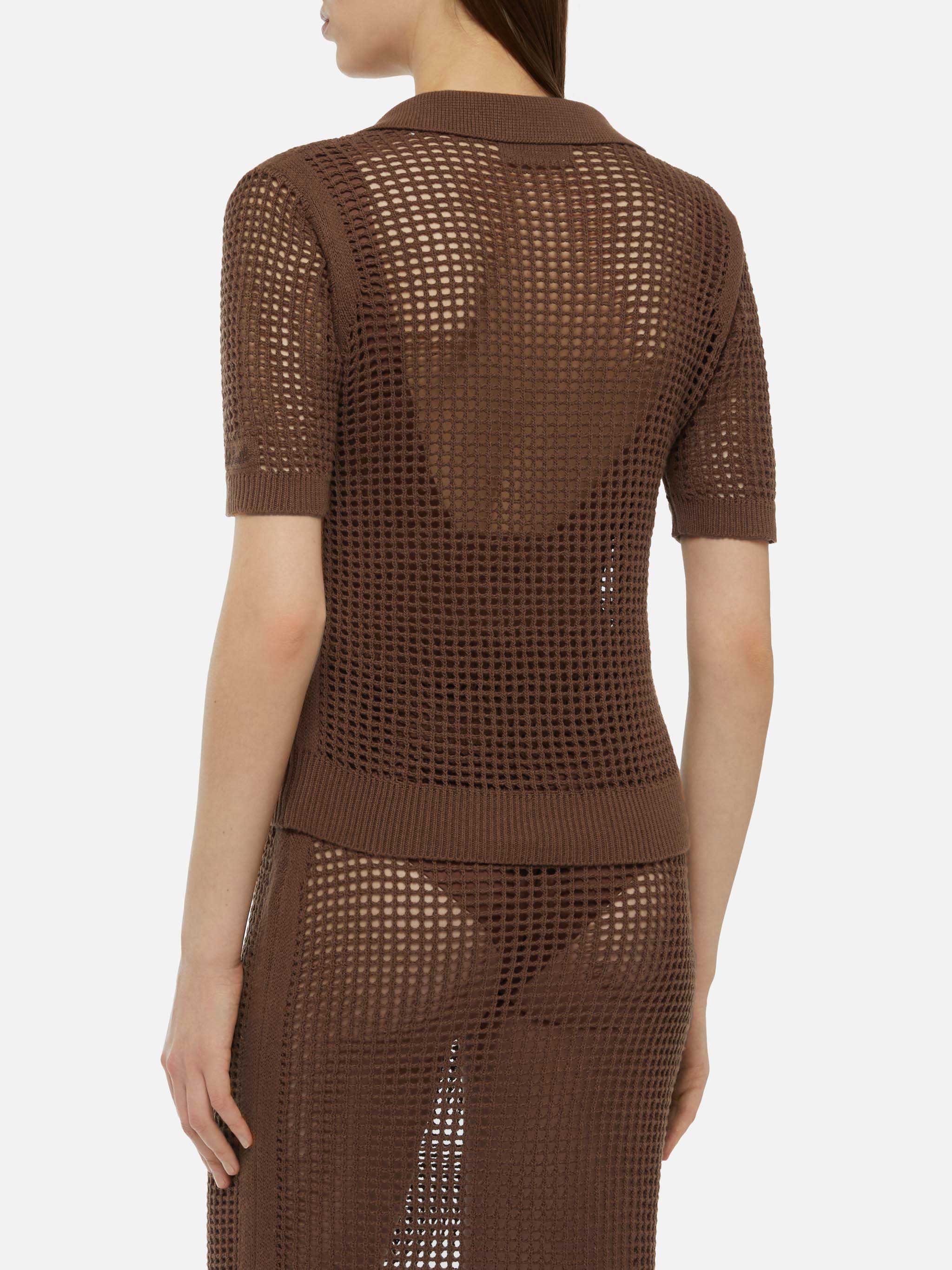 Flora Brown Mesh Crochet Polo Knitwear