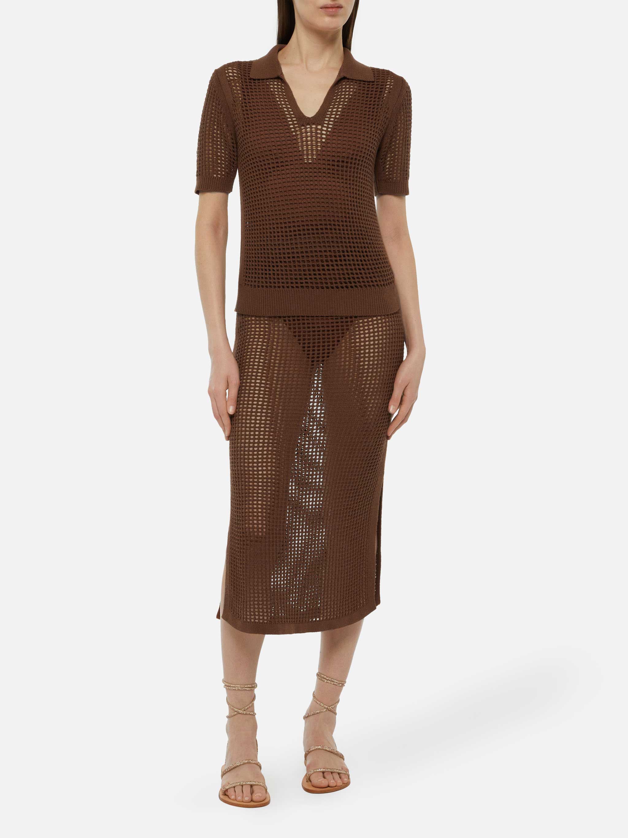 Flora Brown Mesh Crochet Polo Knitwear