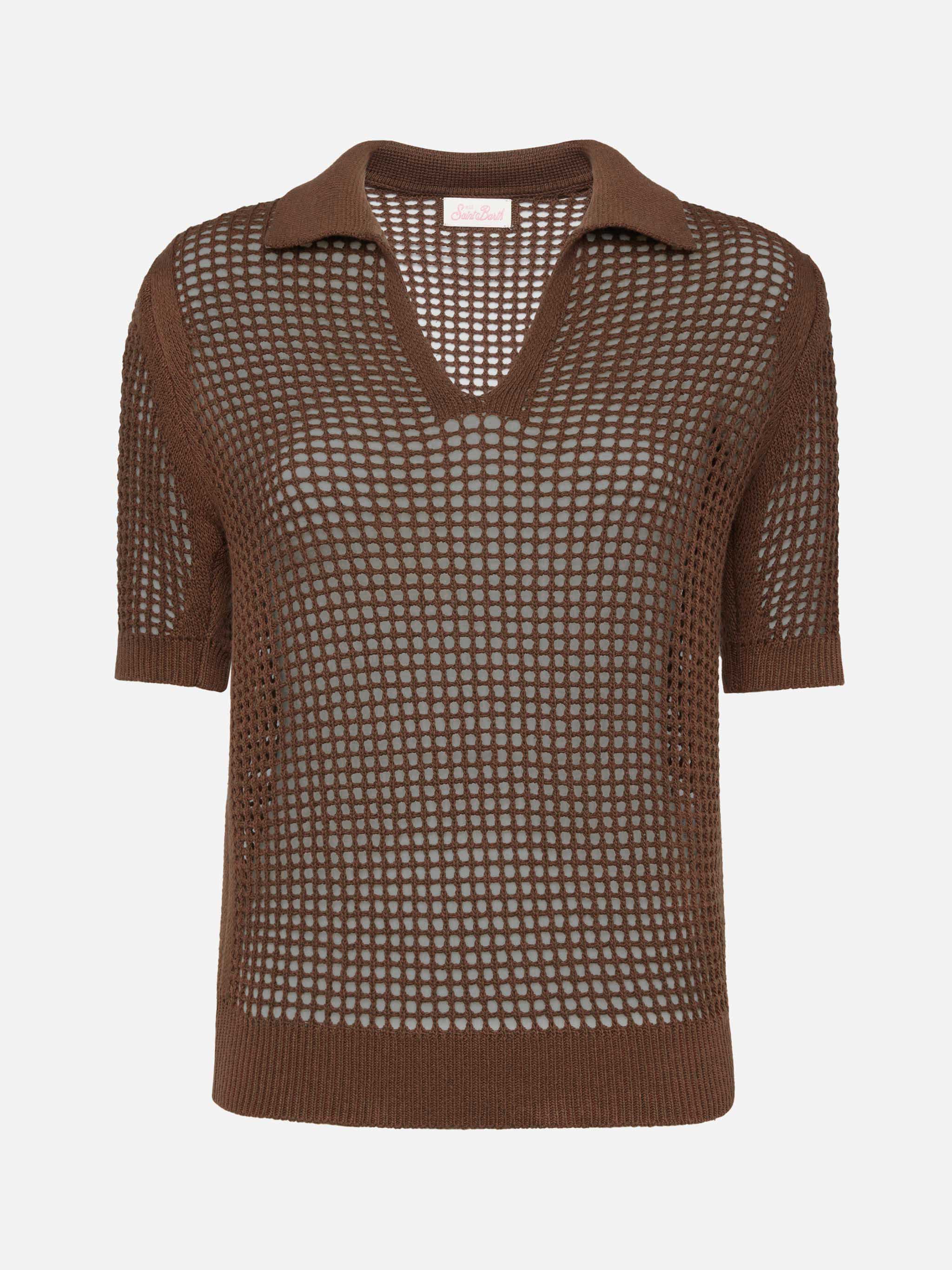 Flora Brown Mesh Crochet Polo Knitwear