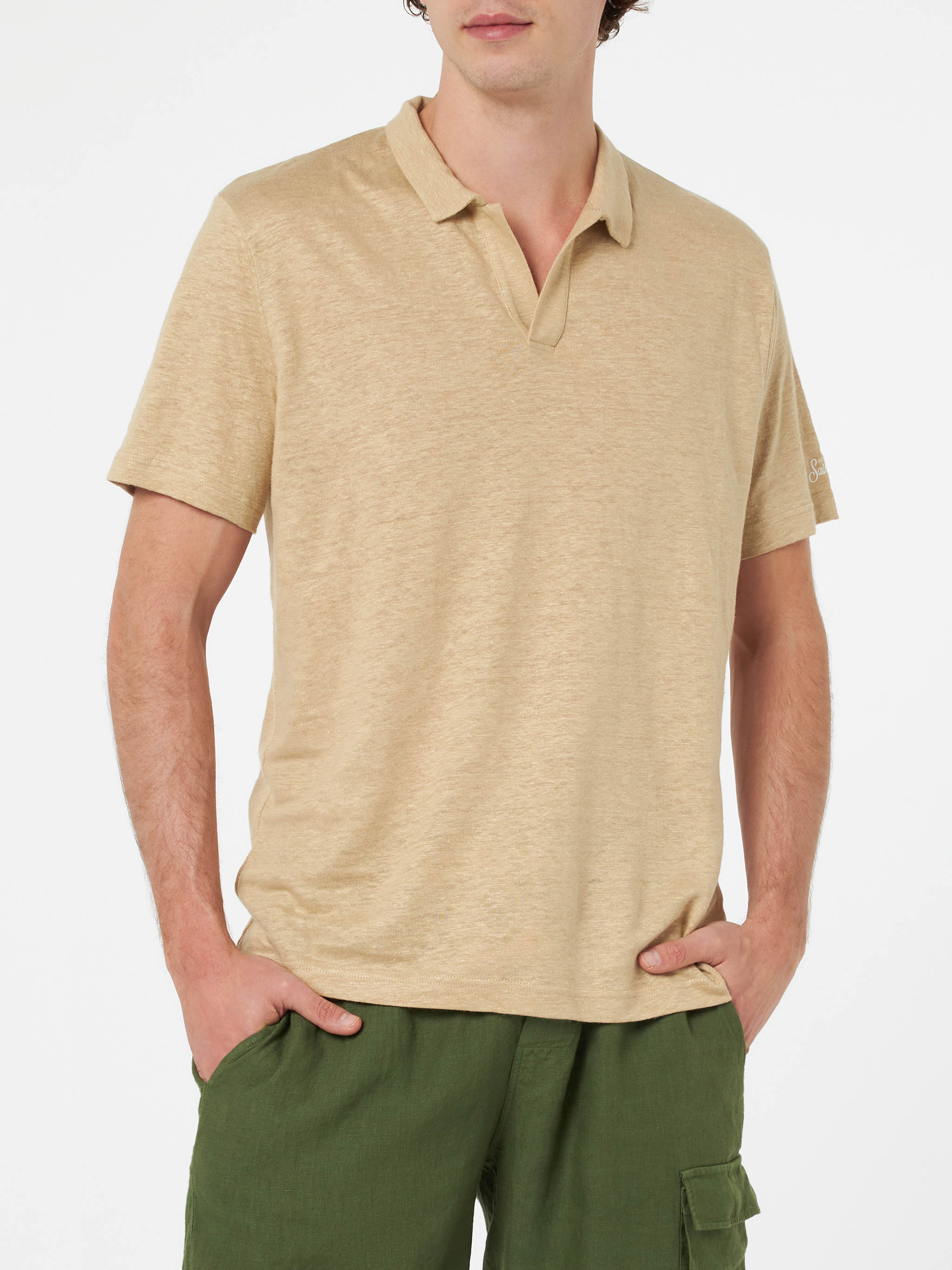 Beige Linen Buttonless Polo Shirt Fraser White