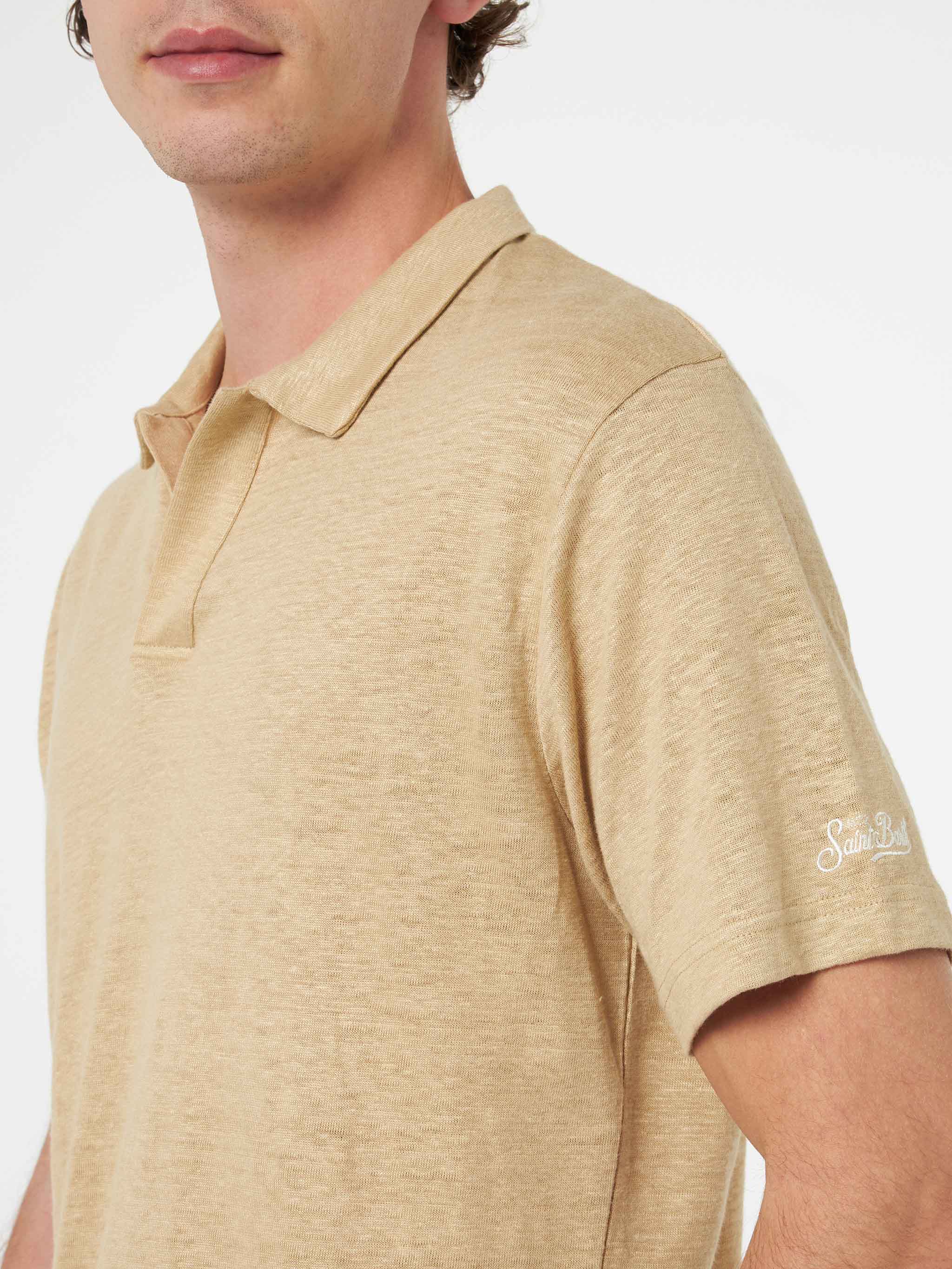 Beige Linen Buttonless Polo Shirt Fraser White