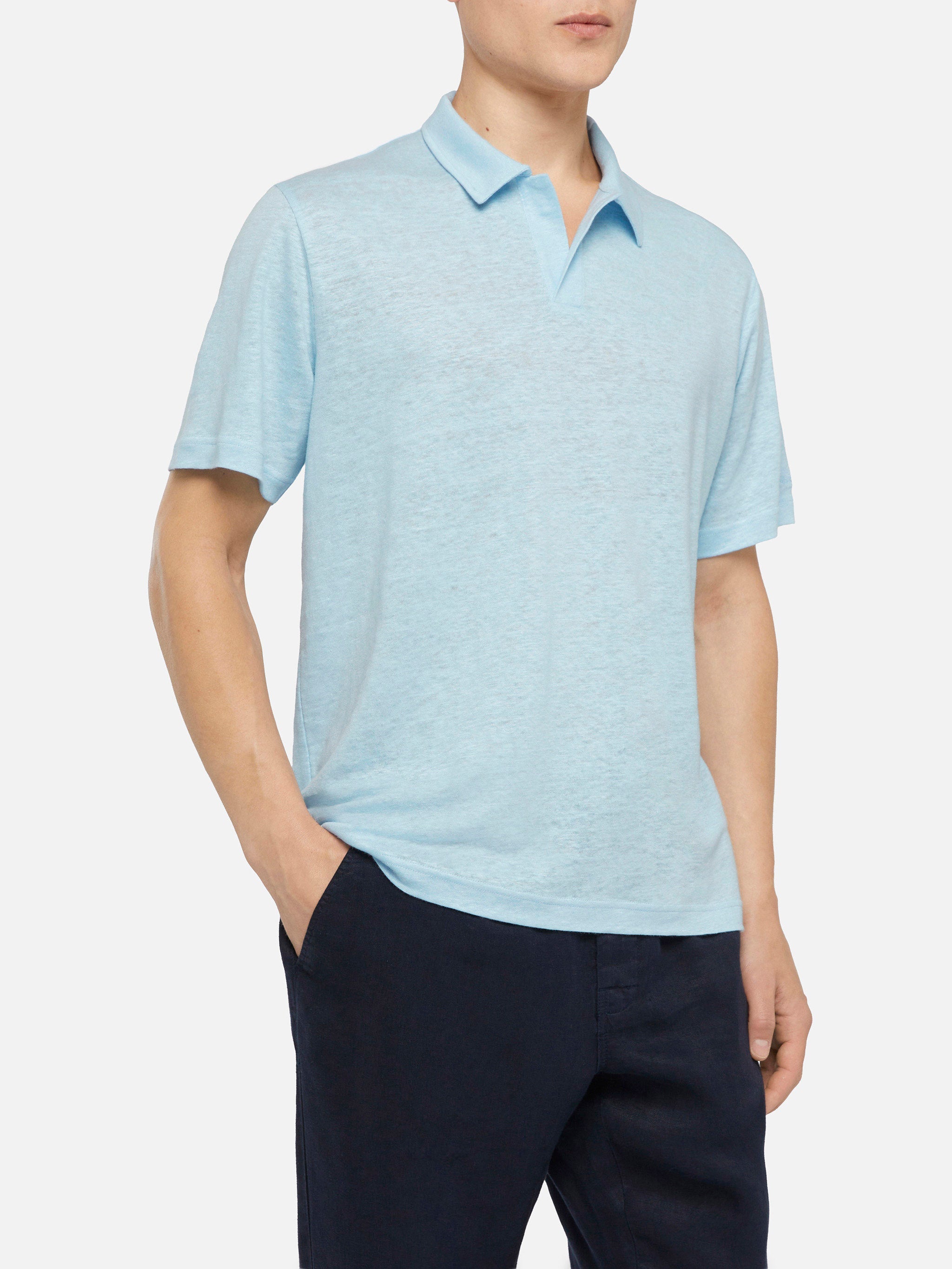 Light Blue Linen Buttonless Polo Shirt Fraser Sky