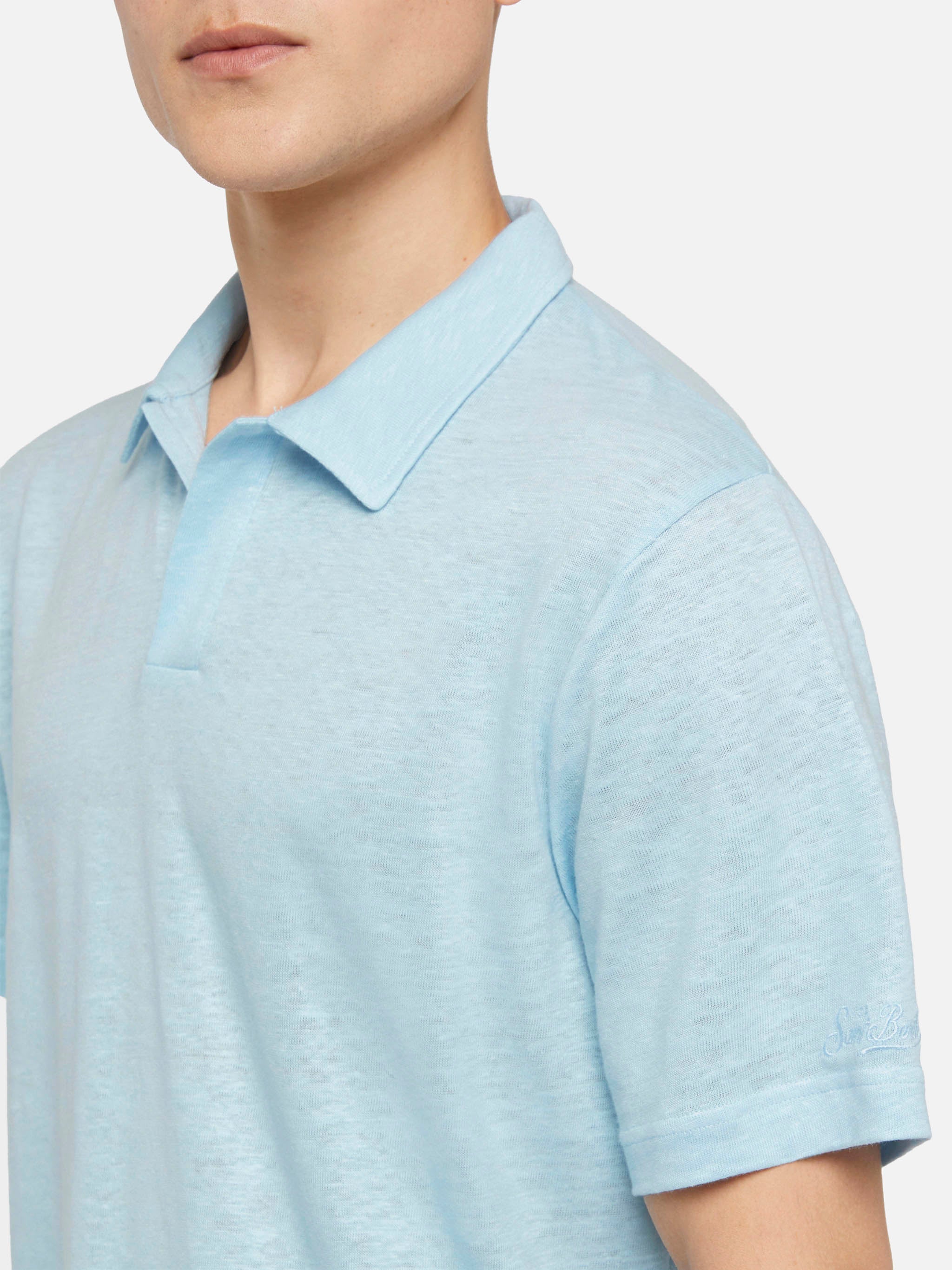 Light Blue Linen Buttonless Polo Shirt Fraser Sky