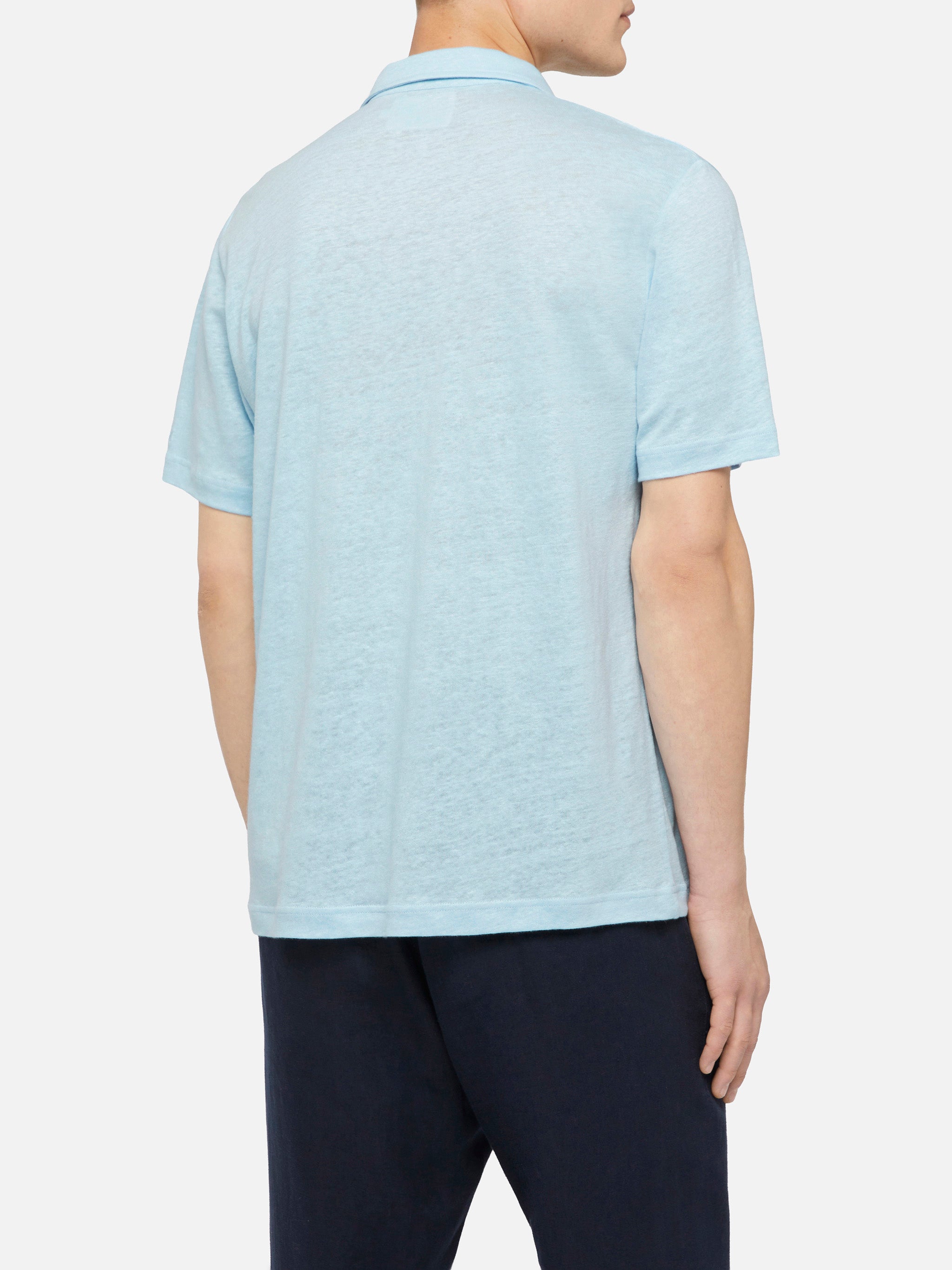 Light Blue Linen Buttonless Polo Shirt Fraser Sky