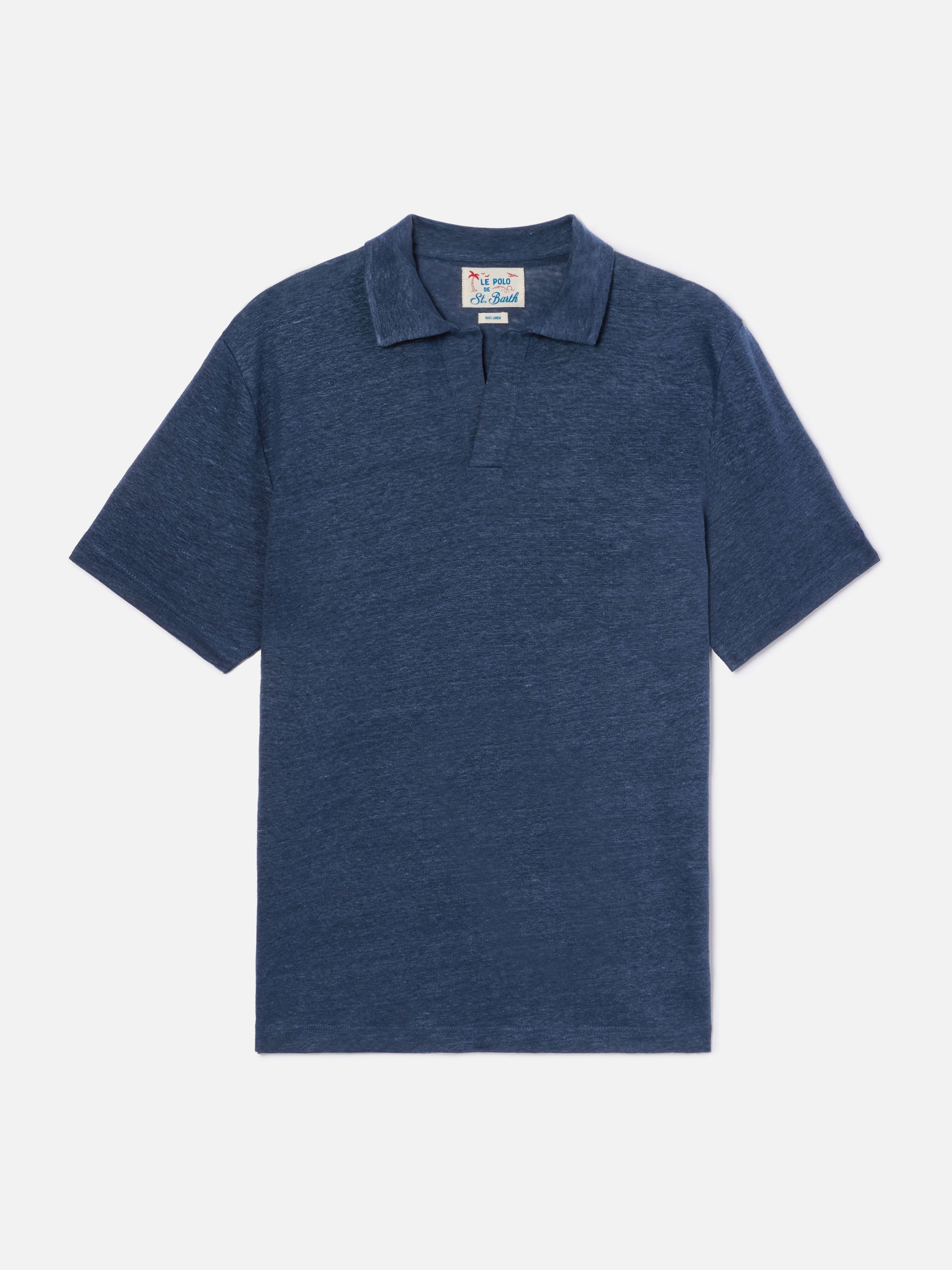 Navy Blue Fraser Polo In Pure Linen Solid Color __single__ Shirt