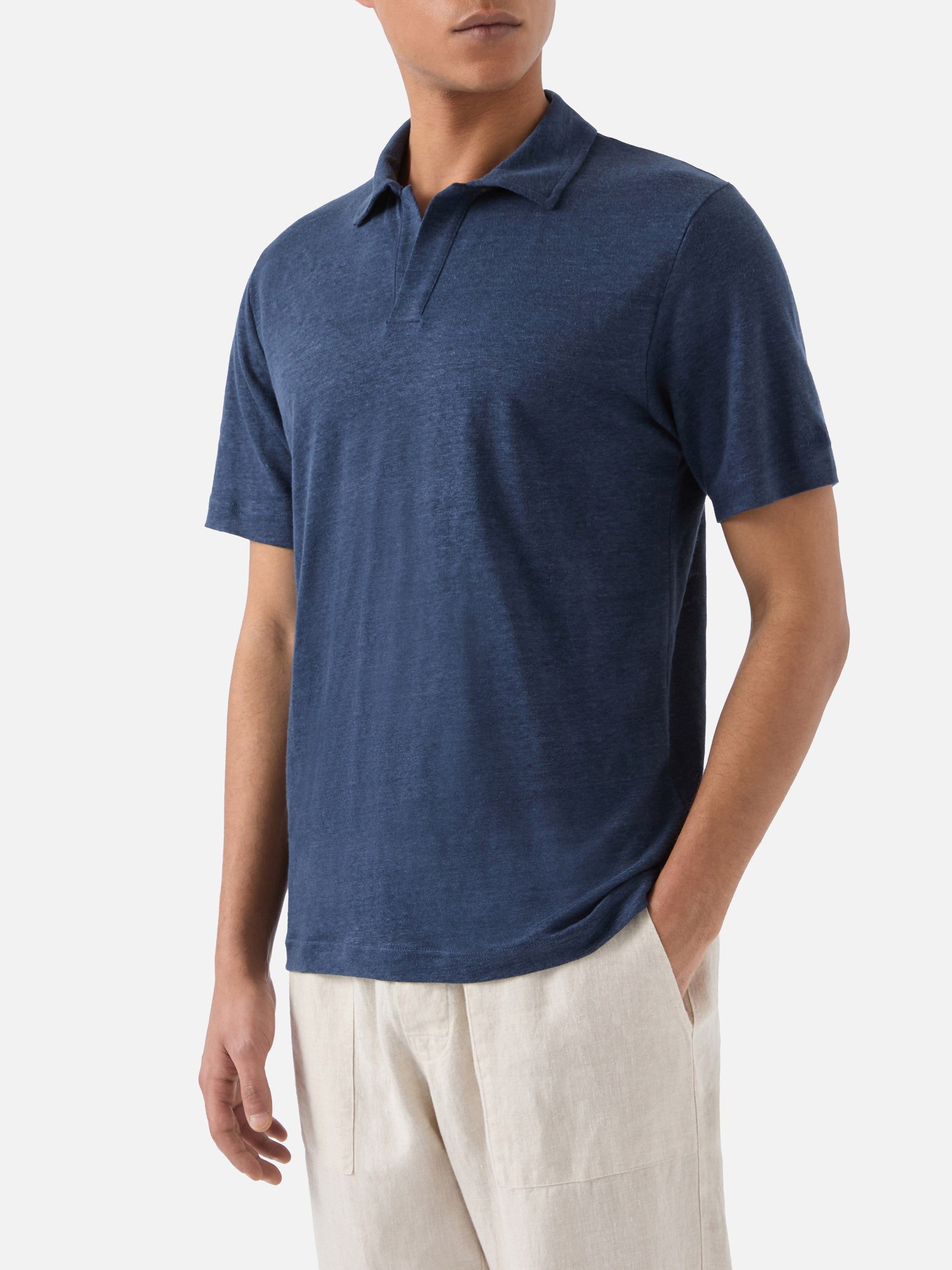 Navy Blue Fraser Polo In Pure Linen Solid Color __single__ Shirt