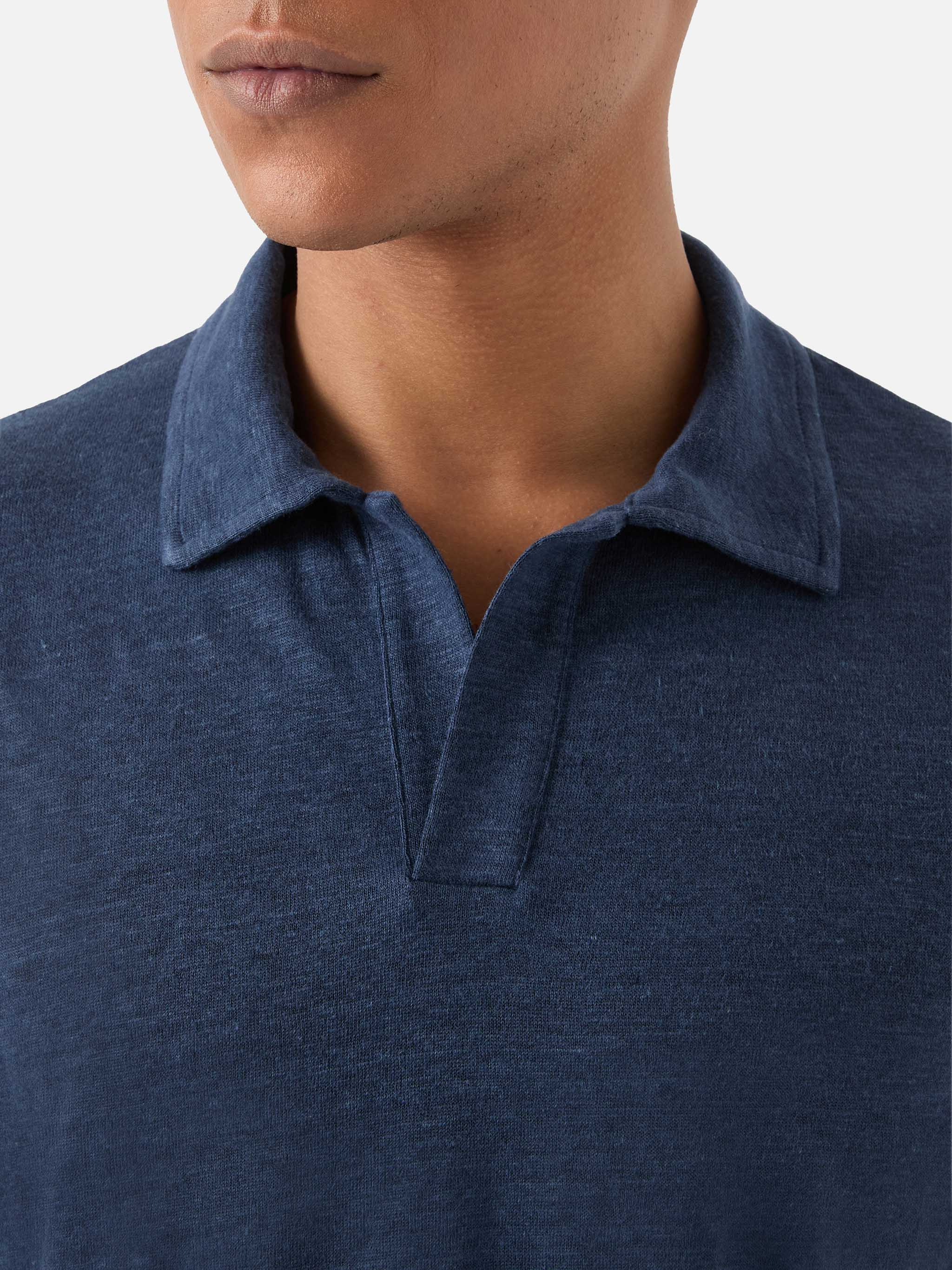 Navy Blue Fraser Polo In Pure Linen Solid Color __single__ Shirt
