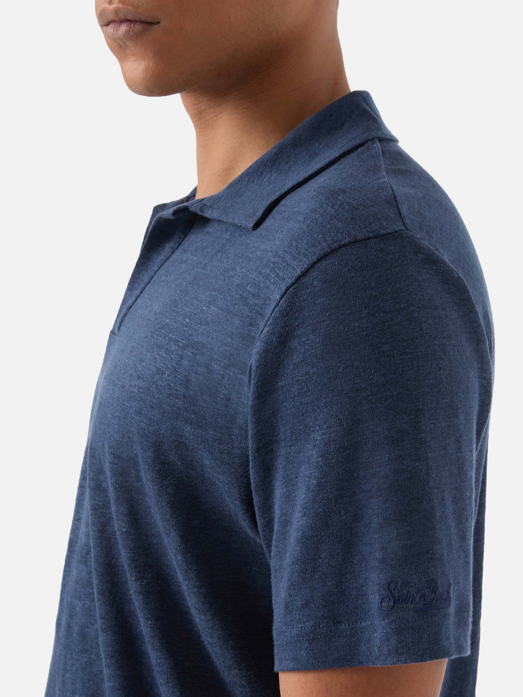 Navy Blue Fraser Polo In Pure Linen Solid Color __single__ Shirt