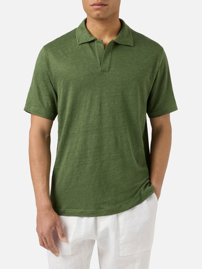 Military Green Fraser Polo Pure Linen Shirt