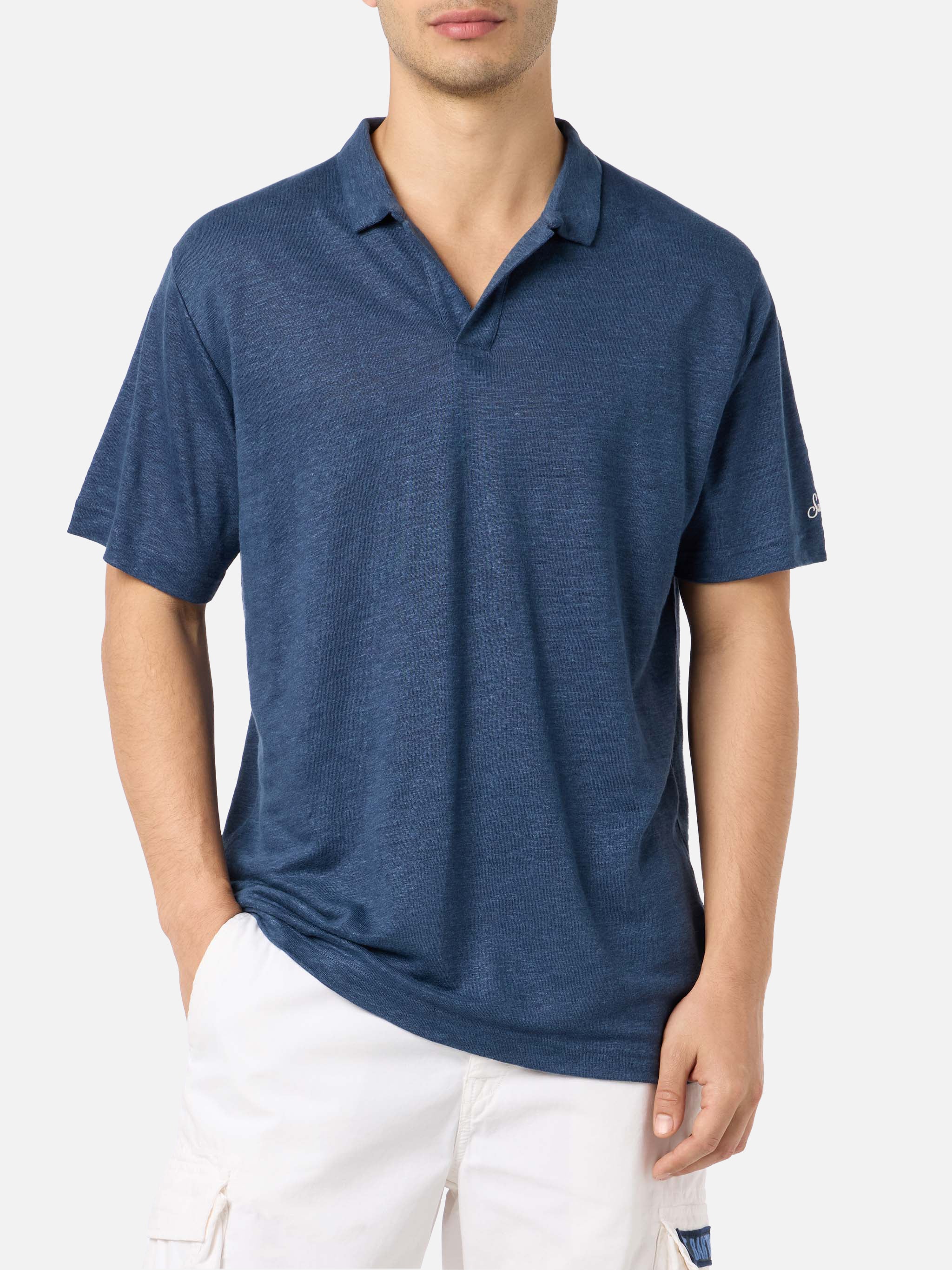 Navy Blue Linen Buttonless Polo Shirt Fraser __single__