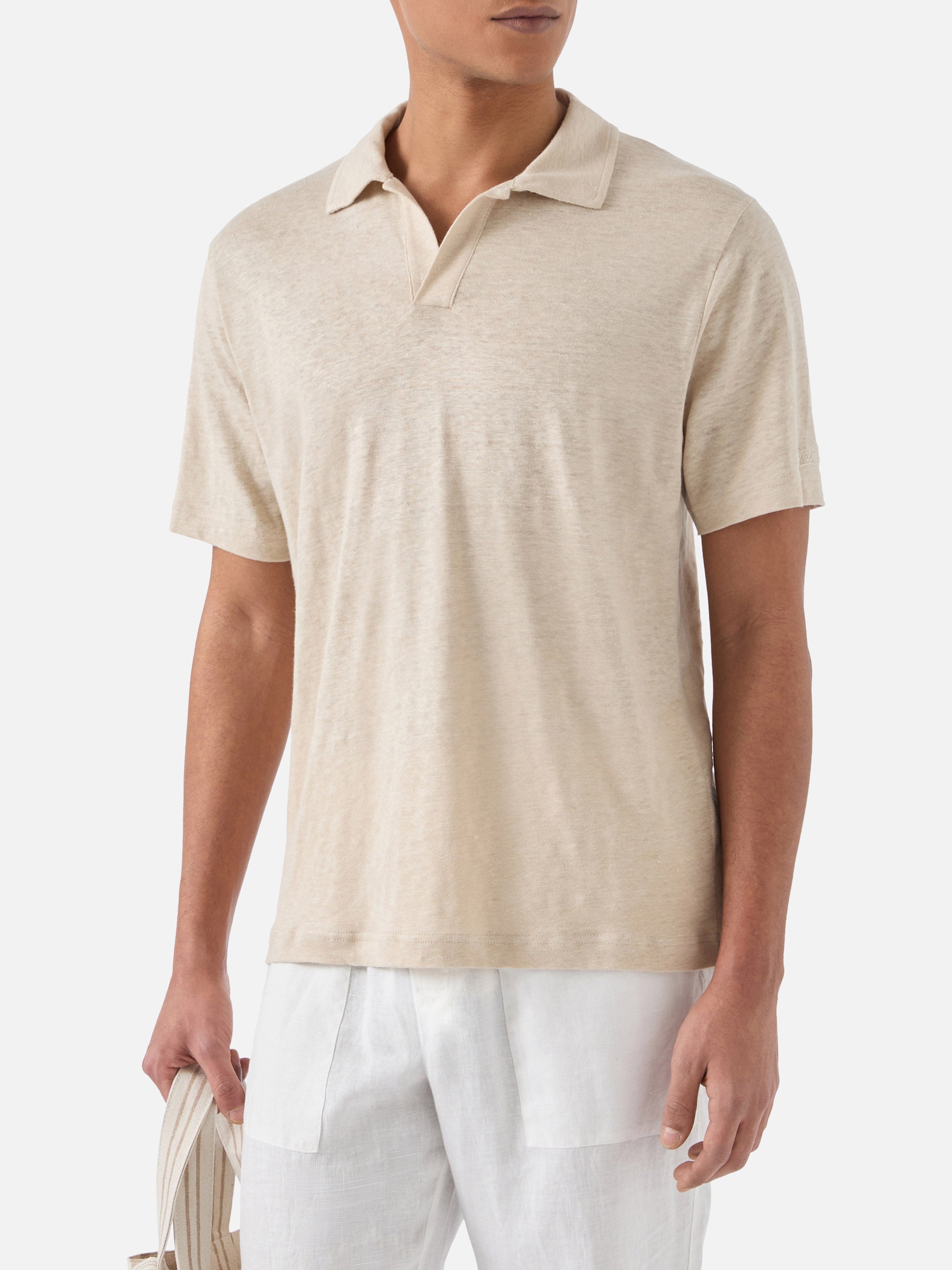 Beige Fraser Polo Pure Linen Solid Color Brown Shirt