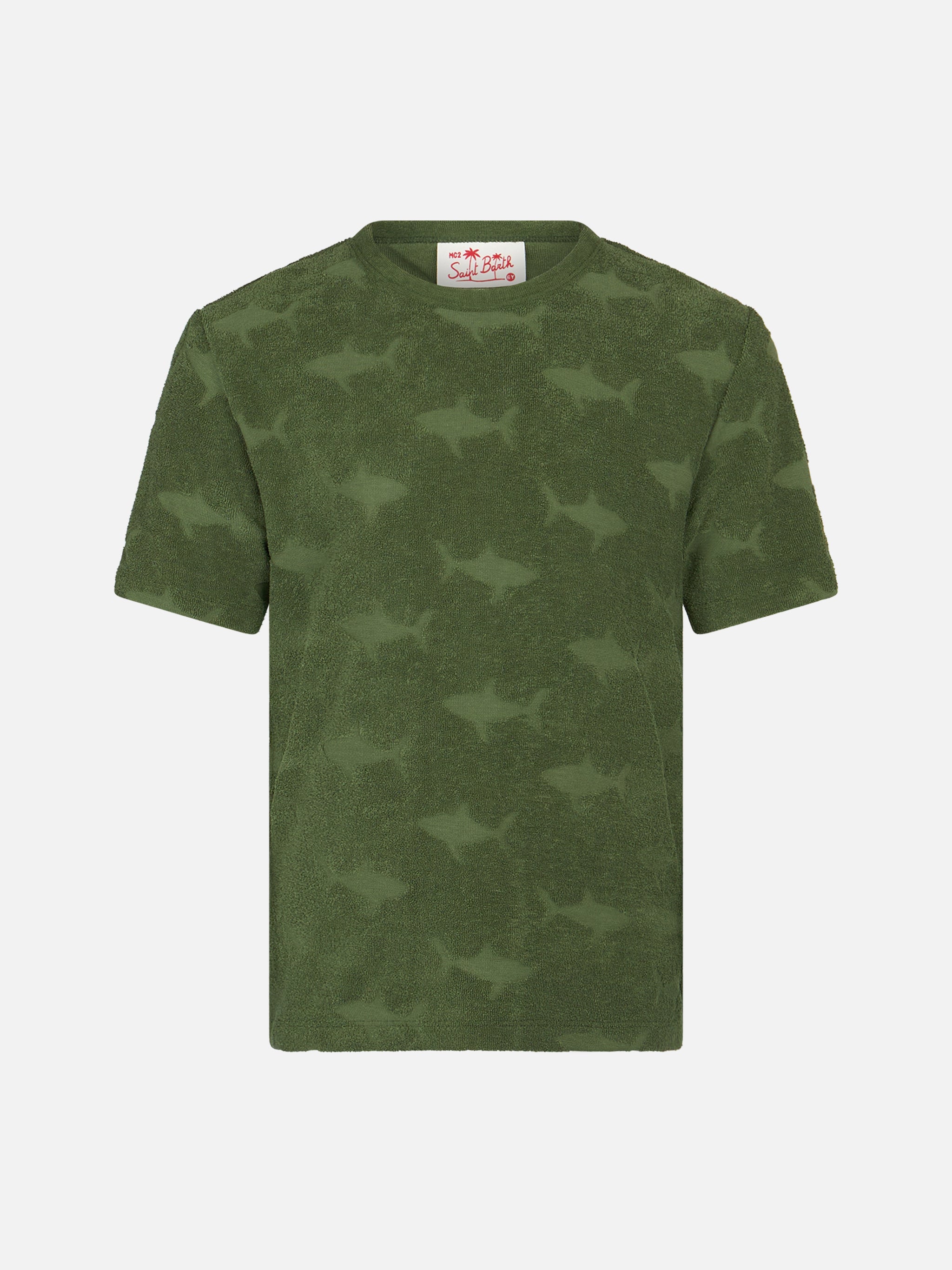 Boy Military Terry T-Shirt Gary With Shark Embossed Pattern Green