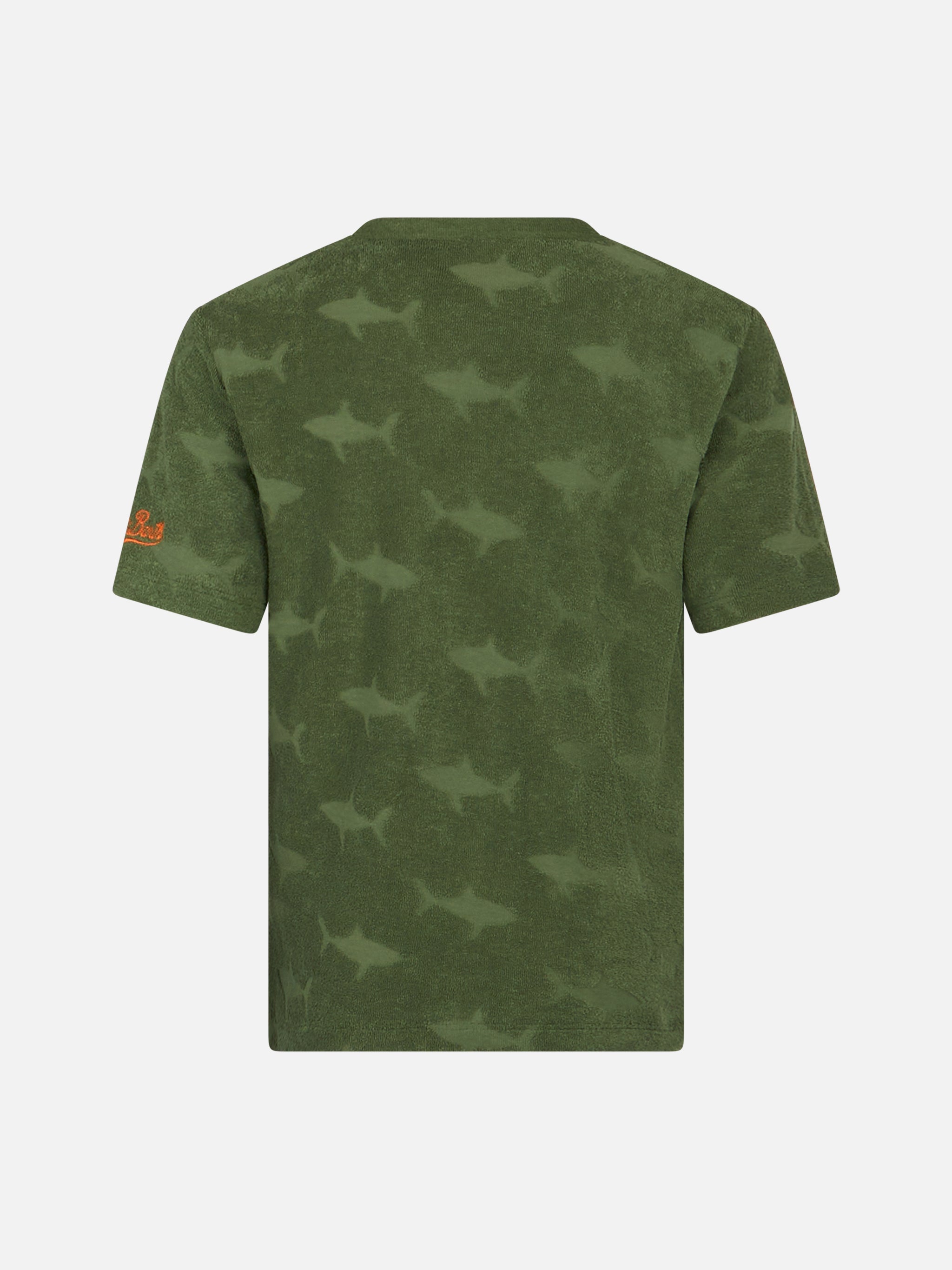 Boy Military Terry T-Shirt Gary With Shark Embossed Pattern Green