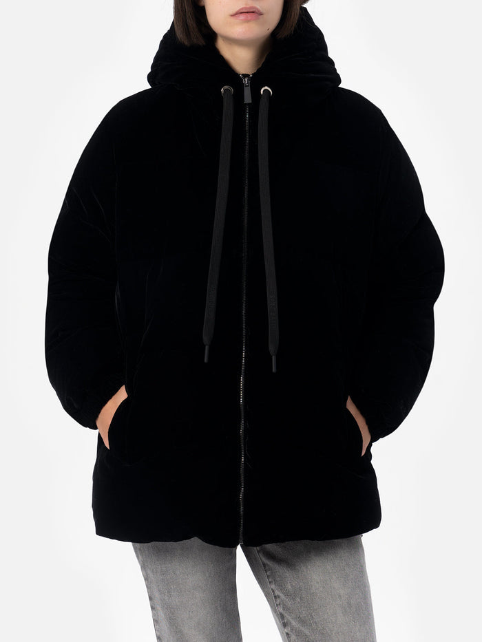 Geneve Black Velvet Hooded Down Jacket