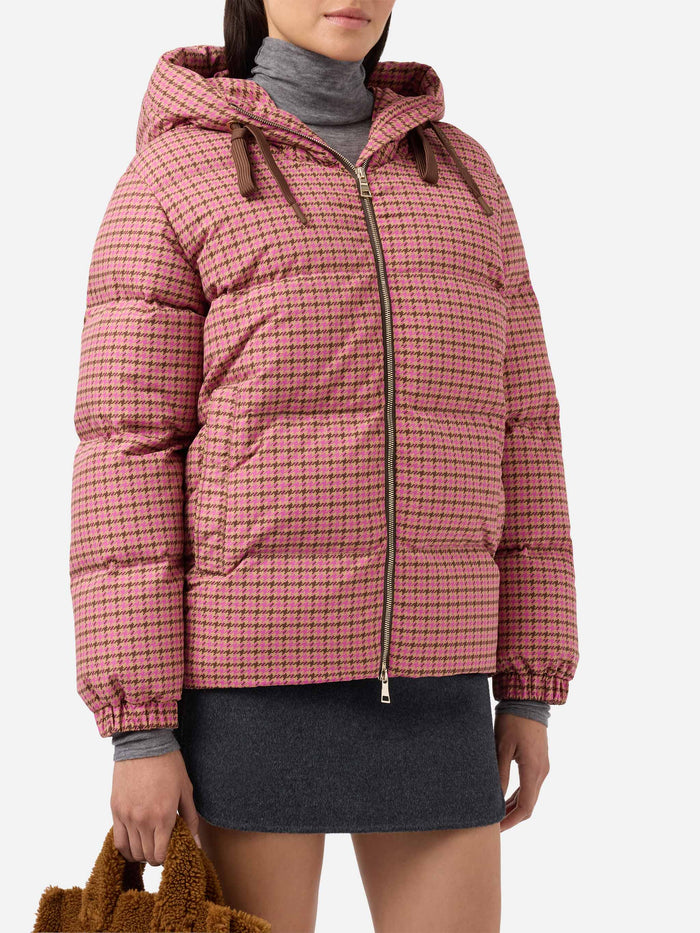 Hooded Down Padded Jacket Geneve With Pied De Poul Print Pink