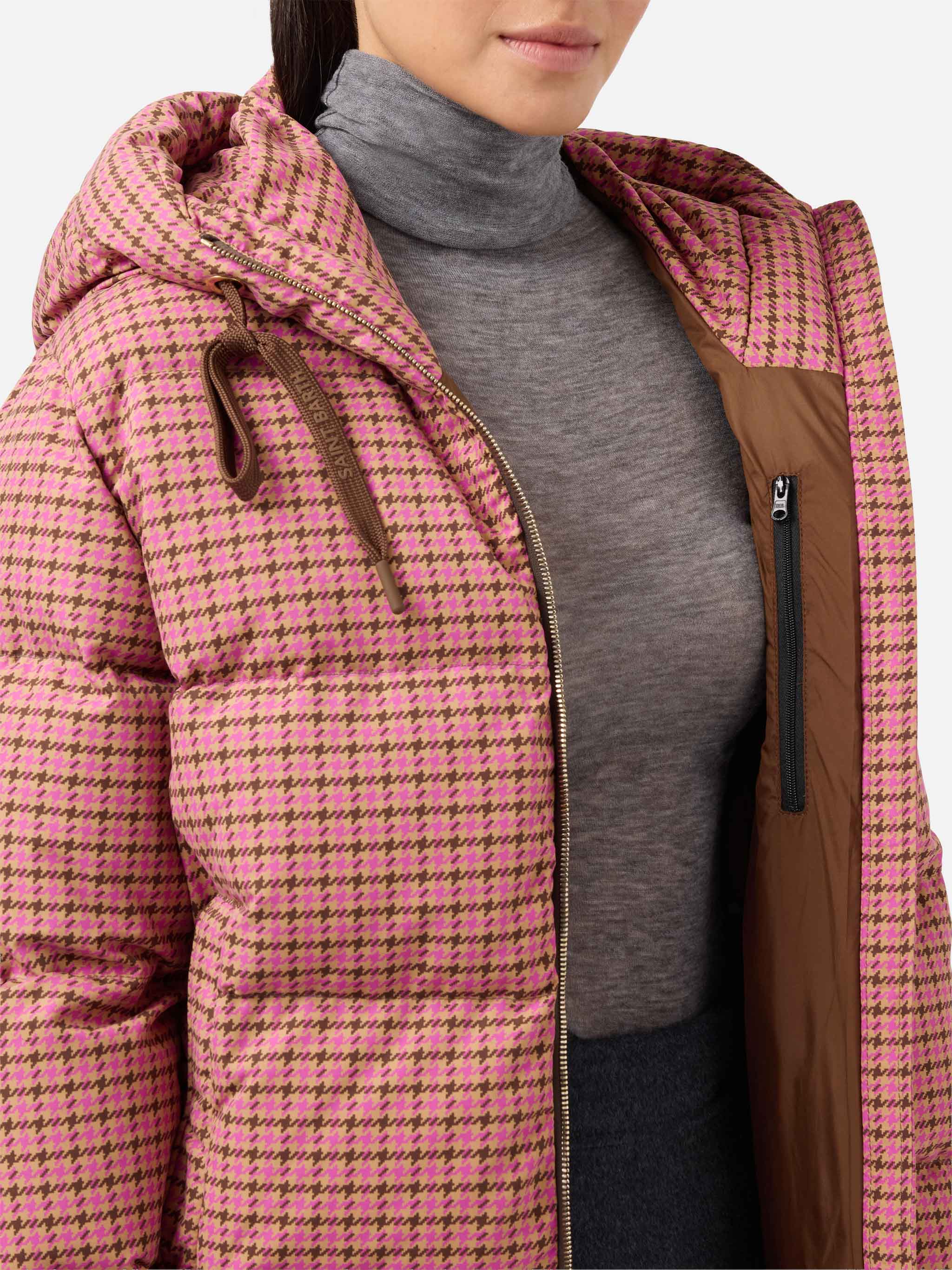 Hooded Down Padded Jacket Geneve With Pied De Poul Print Pink