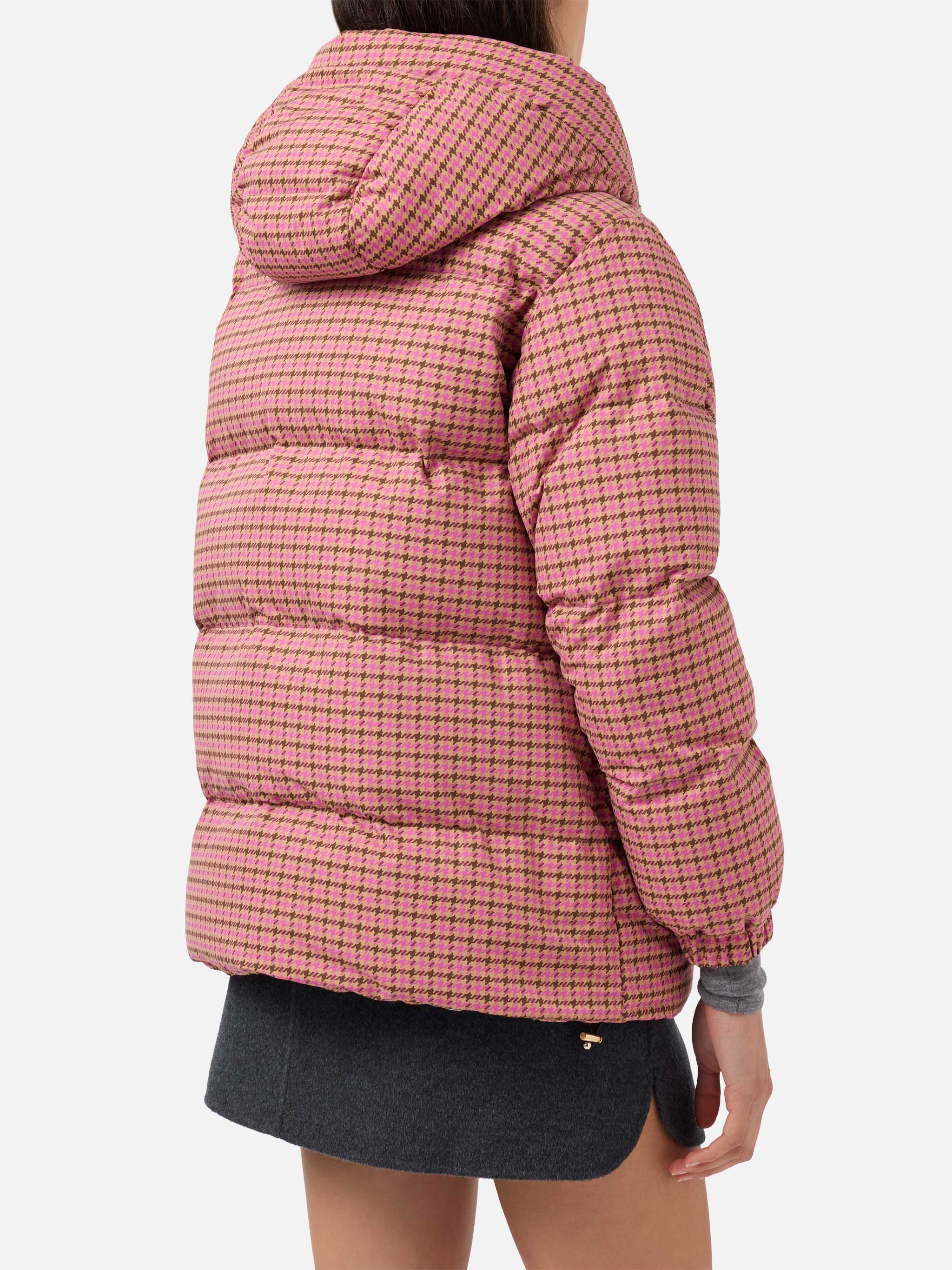 Hooded Down Padded Jacket Geneve With Pied De Poul Print Pink