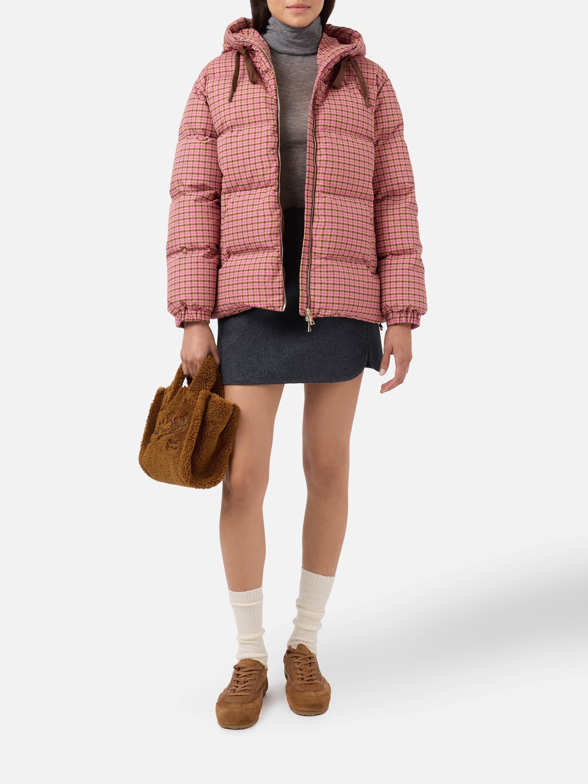Hooded Down Padded Jacket Geneve With Pied De Poul Print Pink