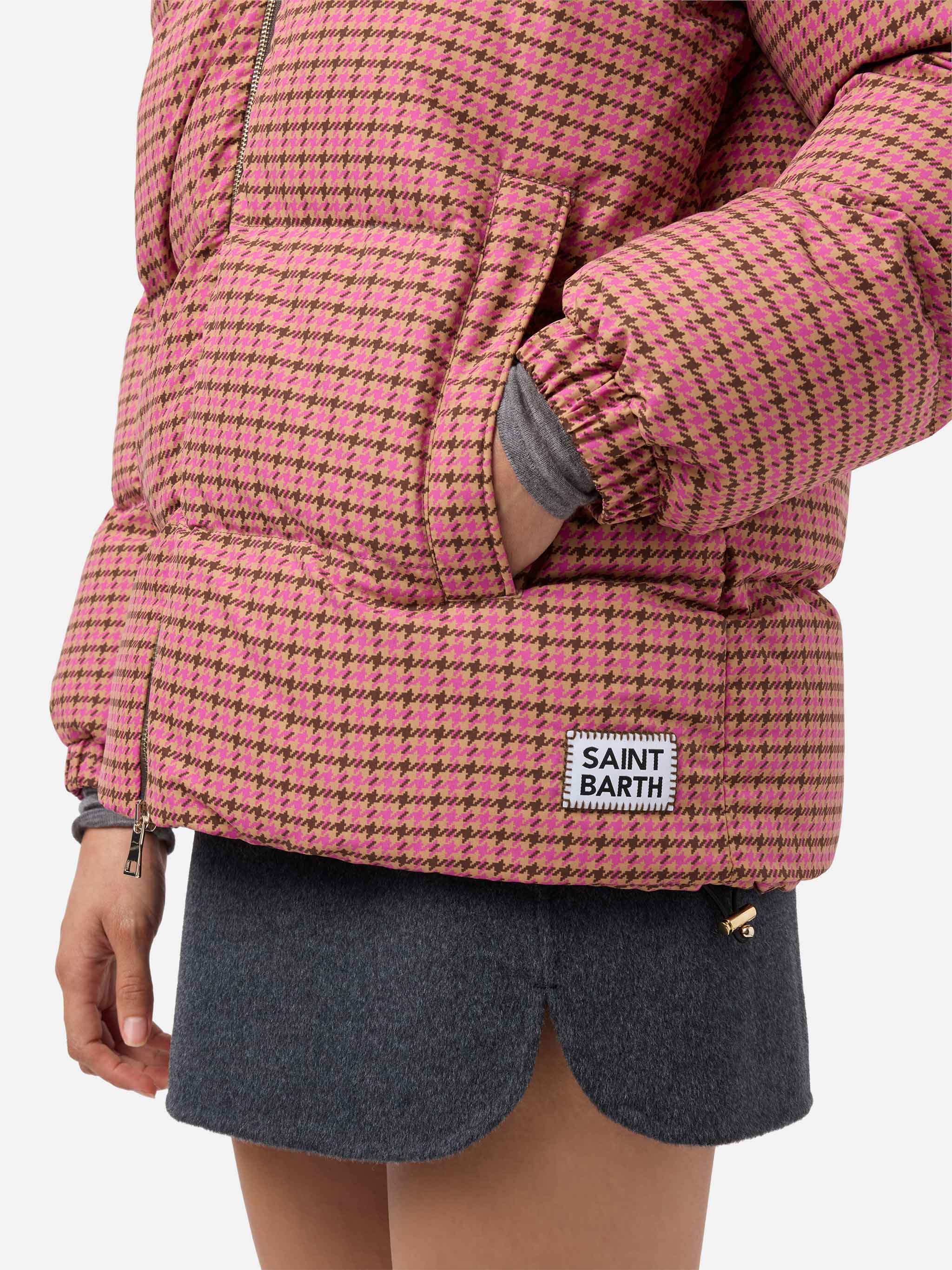 Hooded Down Padded Jacket Geneve With Pied De Poul Print Pink