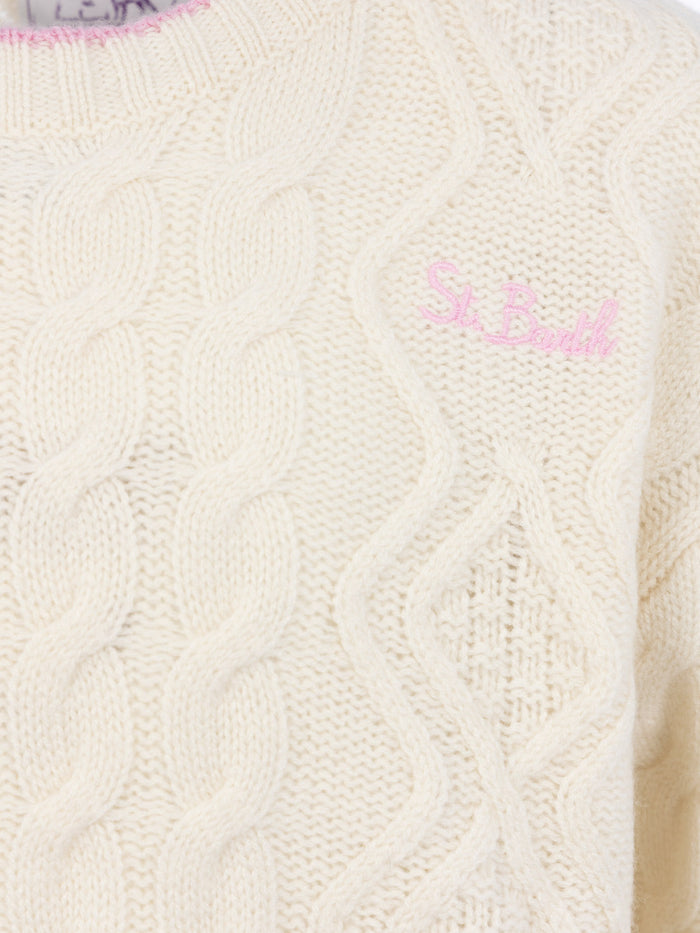 Girl White Wavy Cable Knit Sweater Gretta With Contrast Details