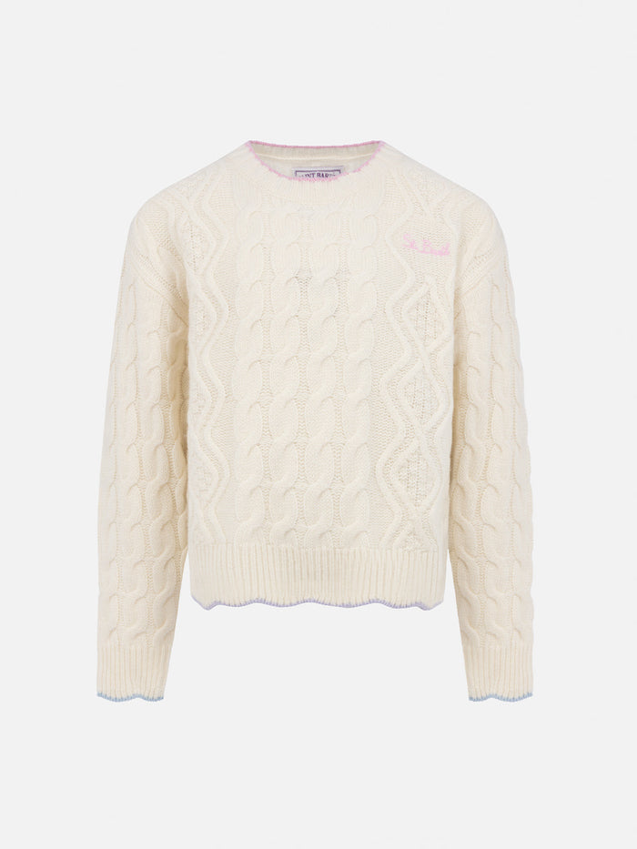 Girl White Wavy Cable Knit Sweater Gretta With Contrast Details