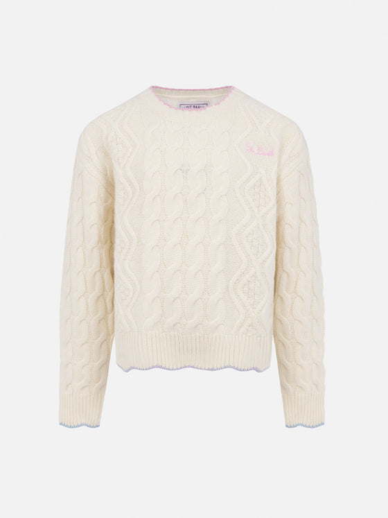 Girl White Wavy Cable Knit Sweater Gretta With Contrast Details