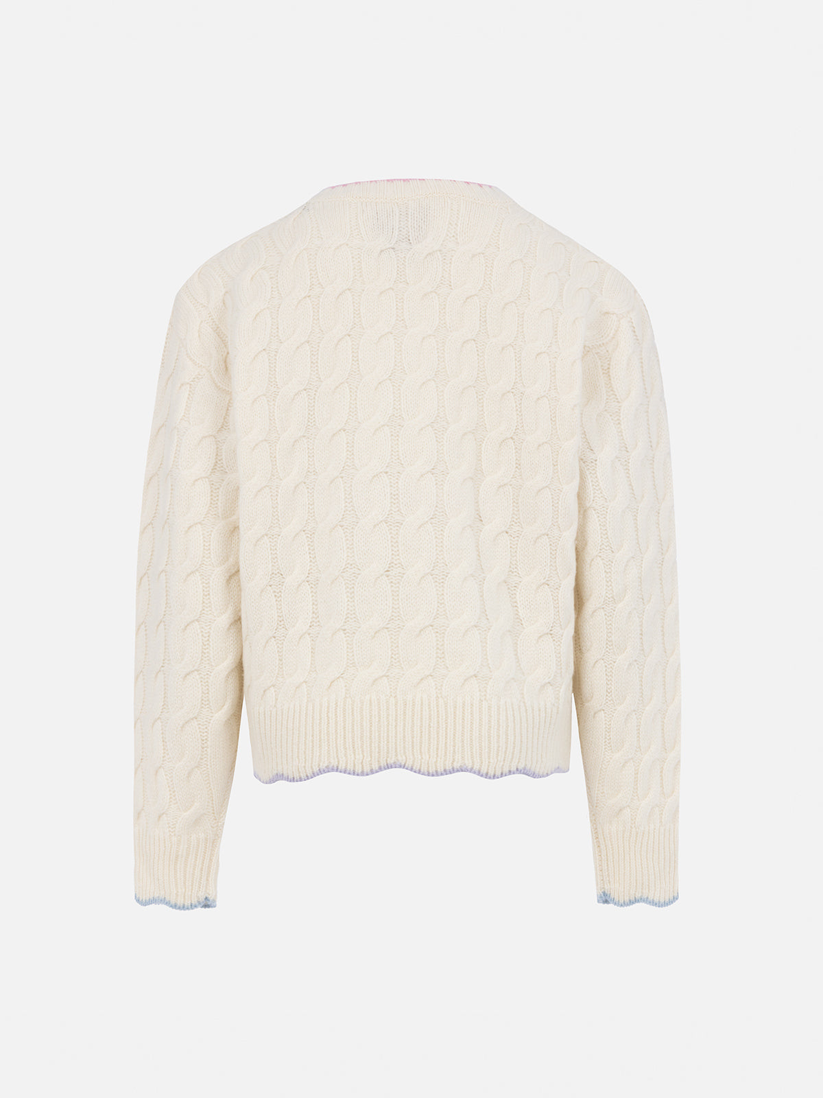 Girl White Wavy Cable Knit Sweater Gretta With Contrast Details