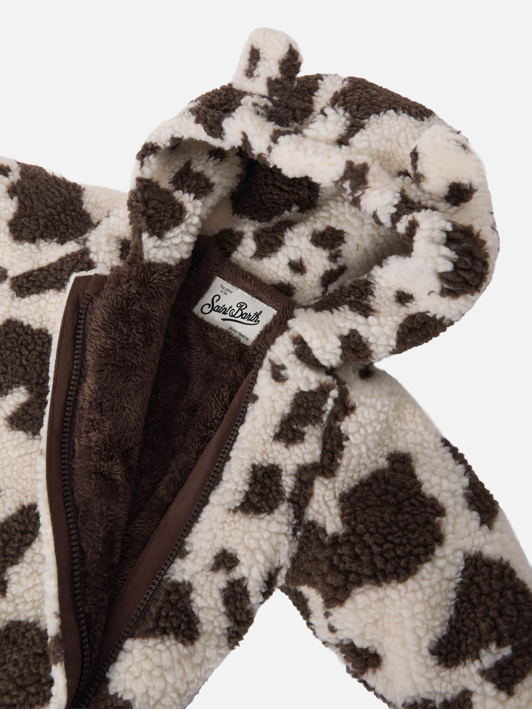 Glace Teddy Padded Snowsuit With Lining, Cow Print White Overalls