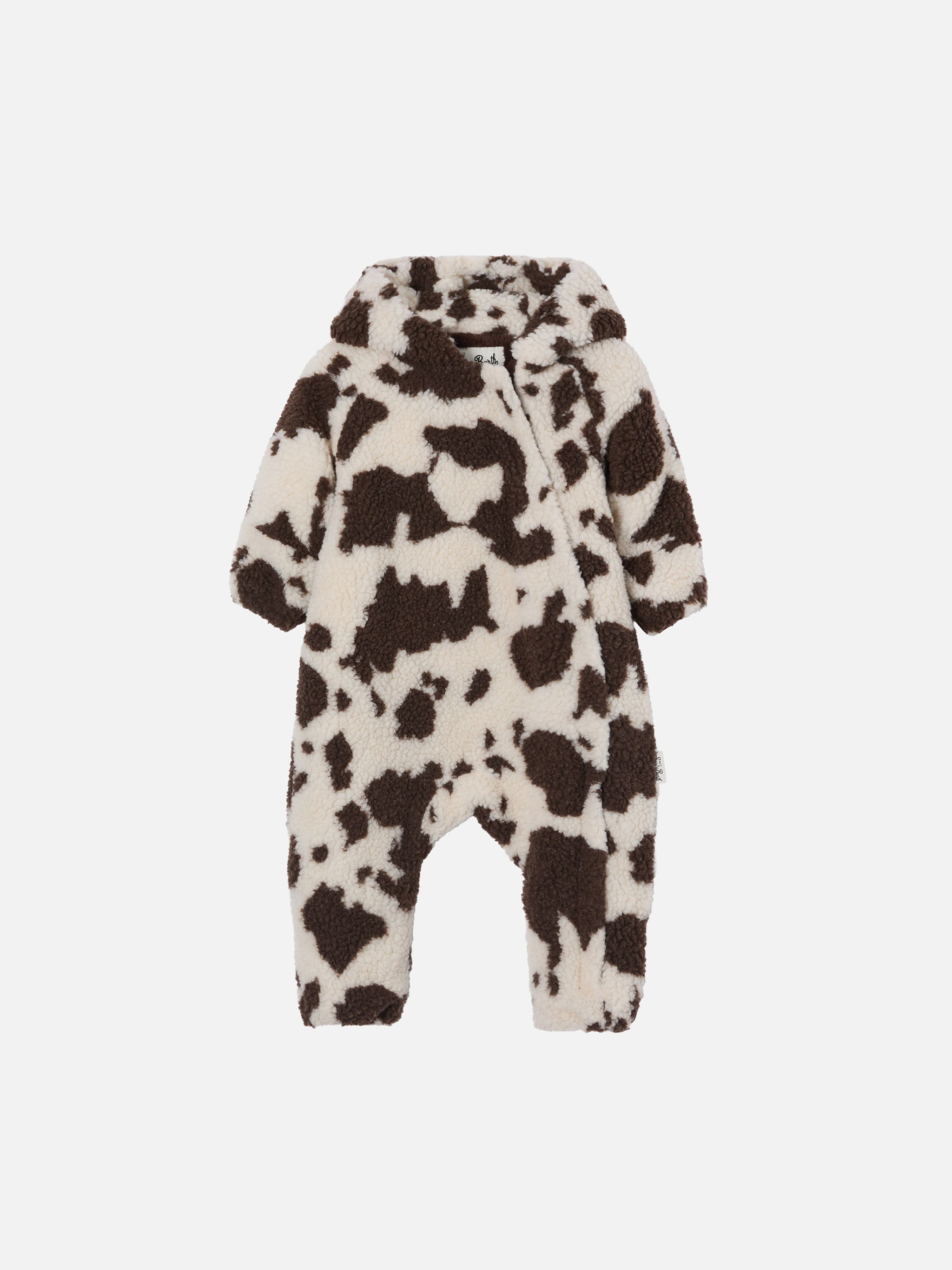 Glace Teddy Padded Snowsuit With Lining, Cow Print White Overalls