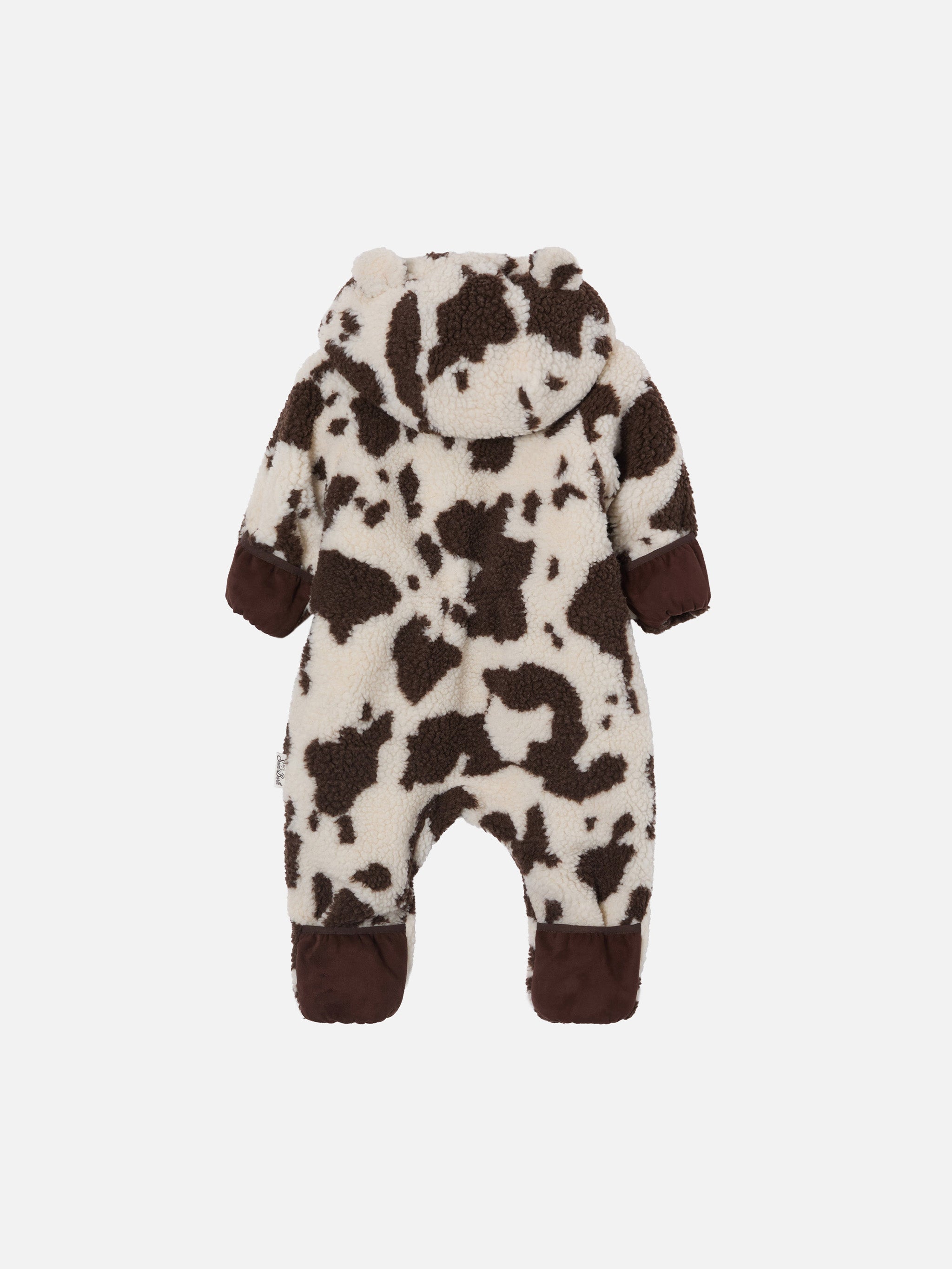 Glace Teddy Padded Snowsuit With Lining, Cow Print White Overalls