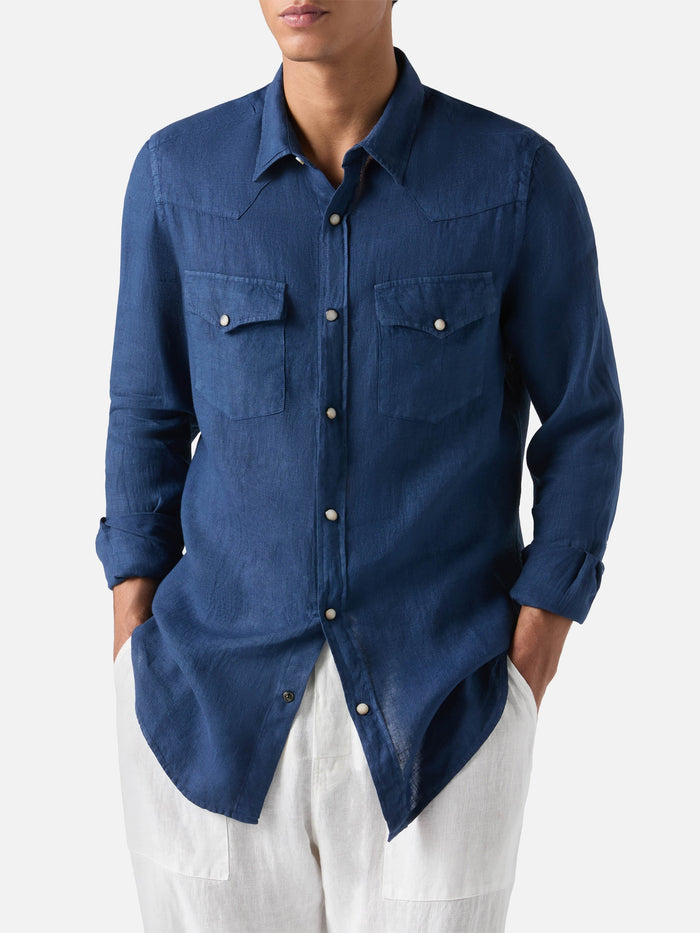 Man Linen Denim Delave Shirt Greg Blue