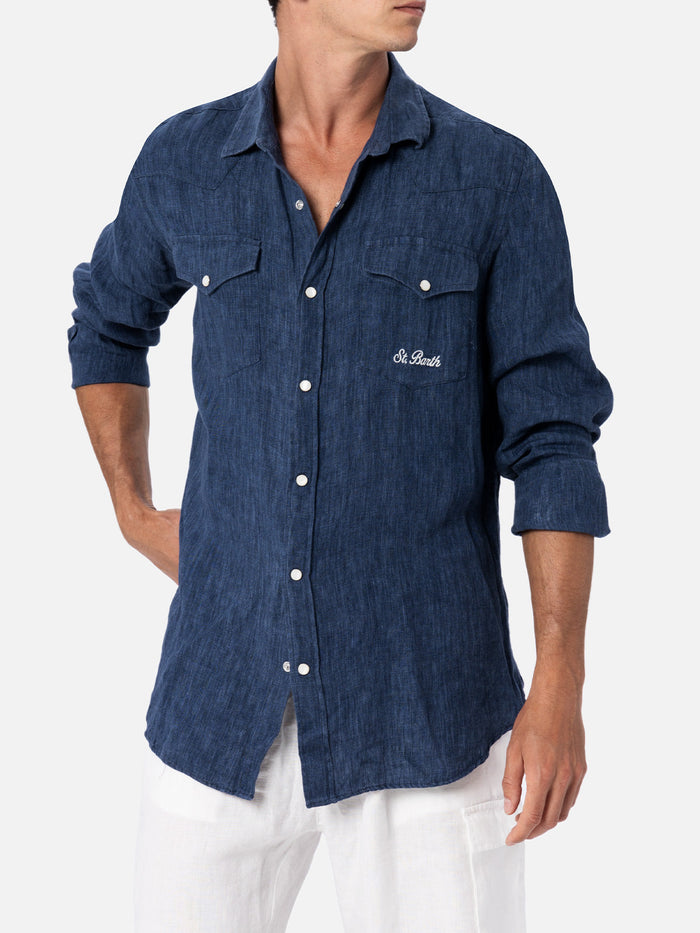 Man Linen Denim Delave Shirt Greg Blue