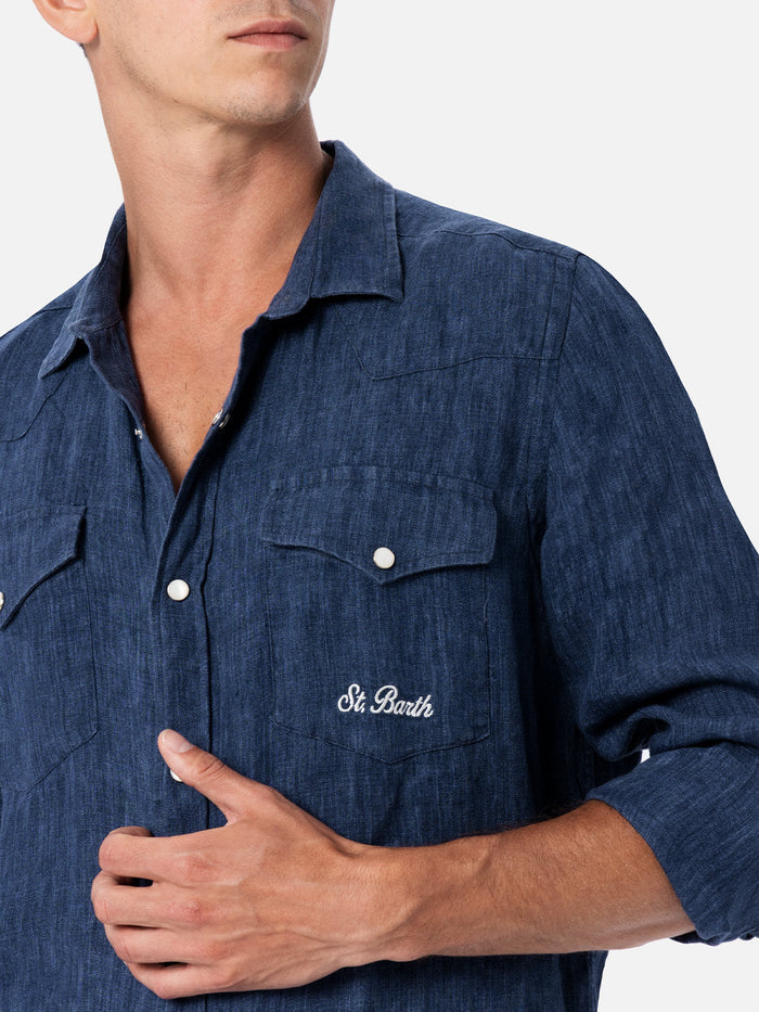 Man Linen Denim Delave Shirt Greg Blue