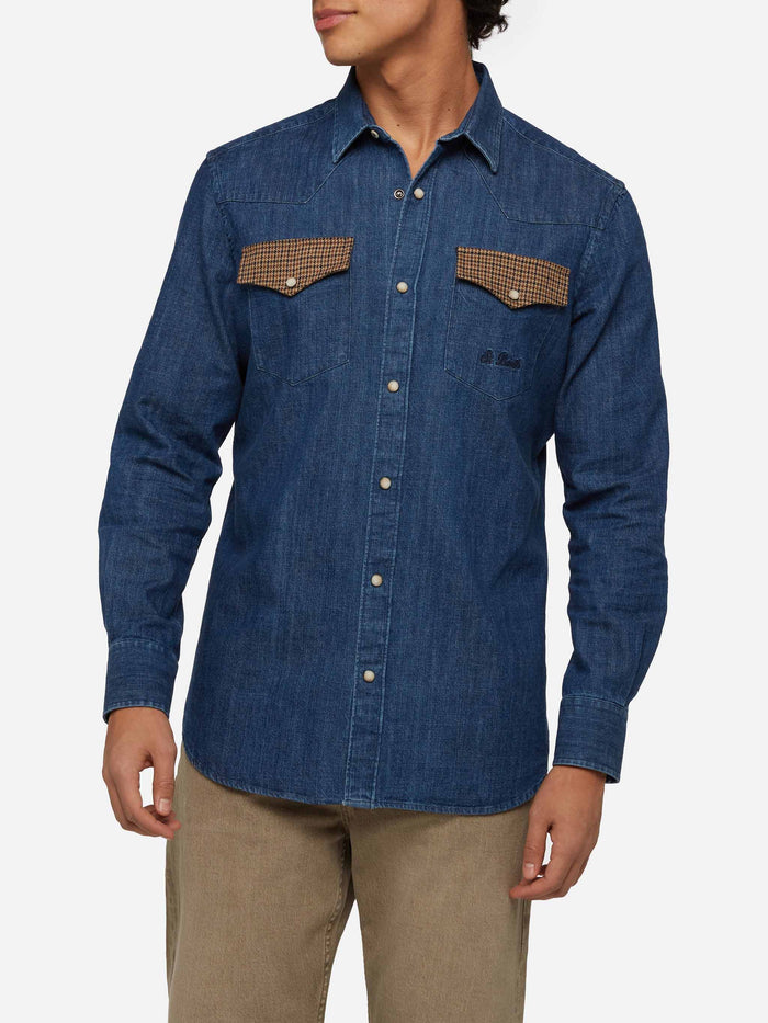 Denim Shirt Greg With Pied De Poul Patches Blue