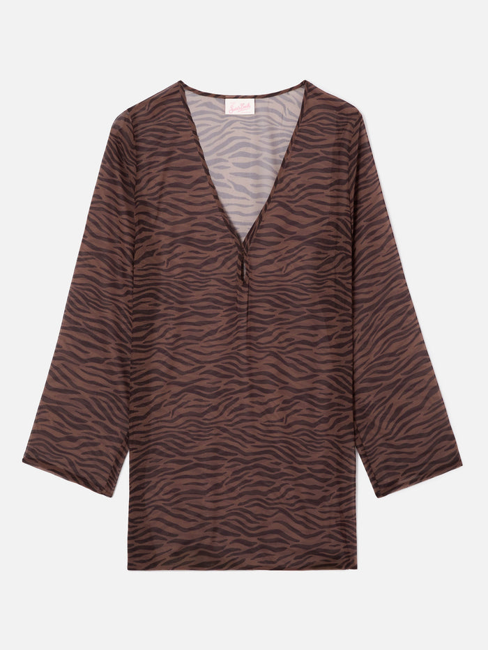 Short Gretah Dress Georgette With Animal Print Brown Beach Robe