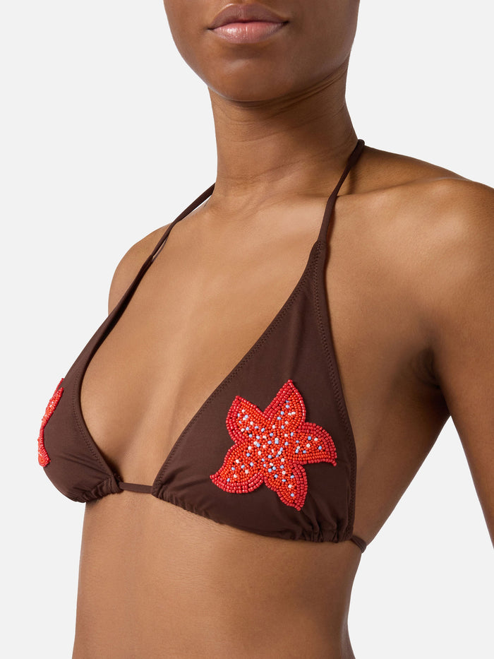 Guiana Triangle Bikini Top With Beaded Starfish Brown