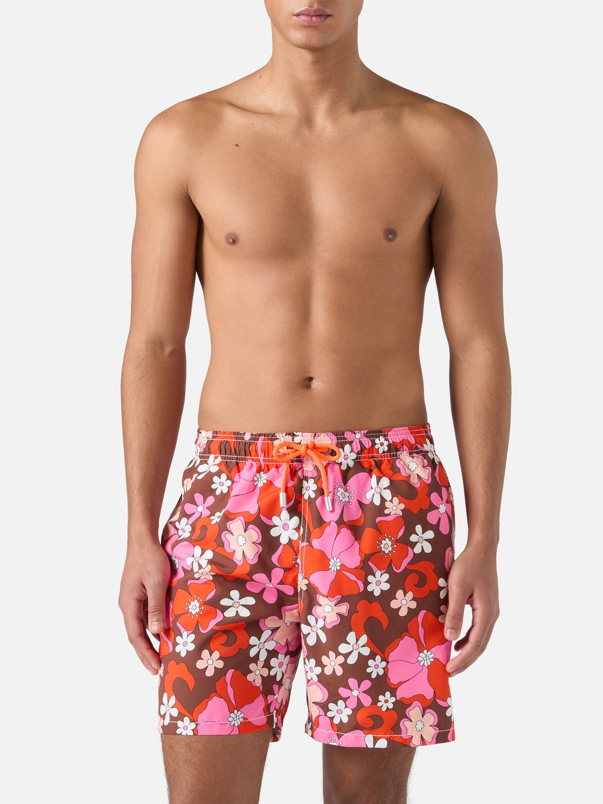 Mid-Length Gustavia Swim-Shorts With Vintage Flower Print Brown Swimshort