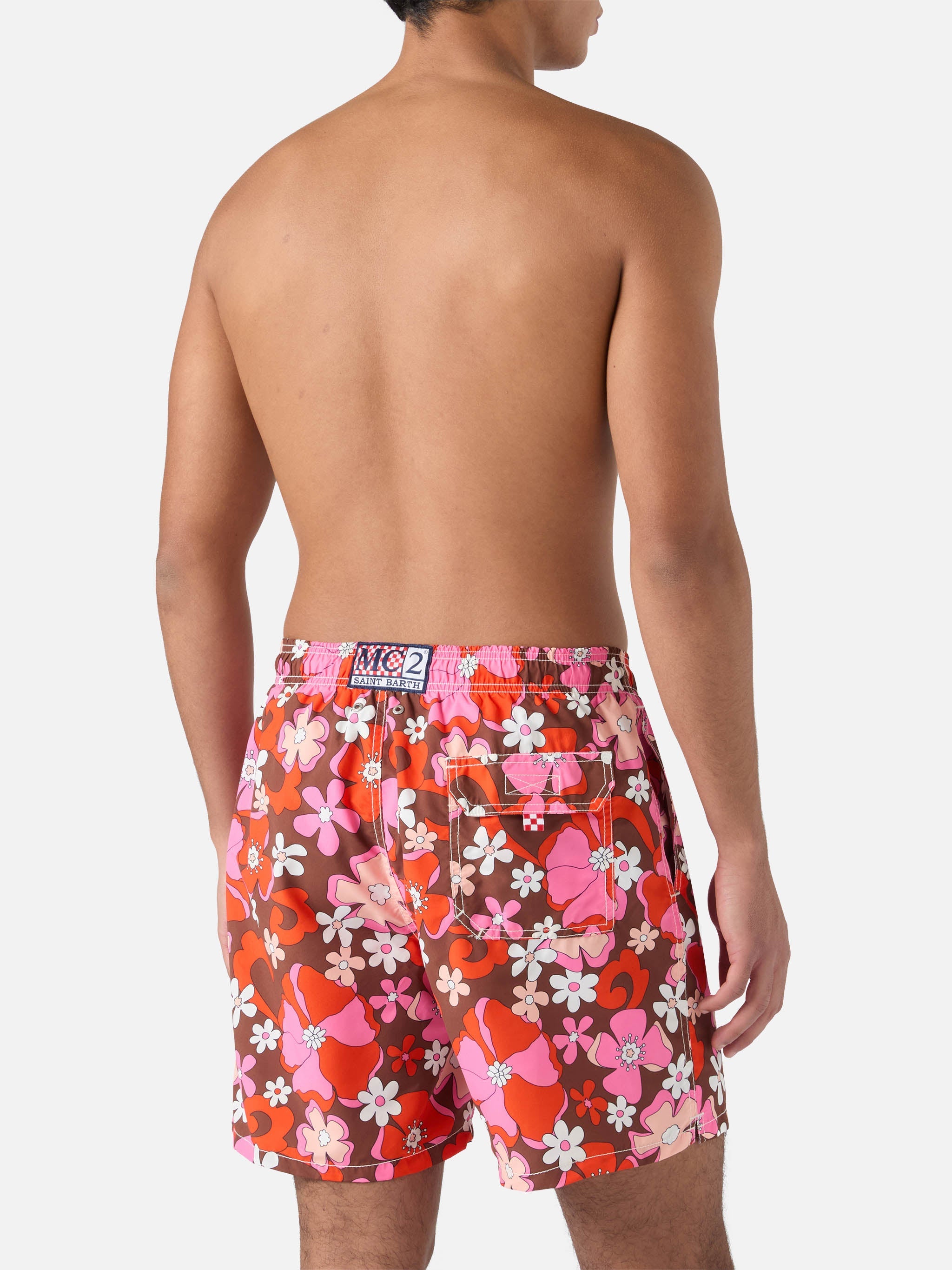 Mid-Length Gustavia Swim-Shorts With Vintage Flower Print Brown Swimshort