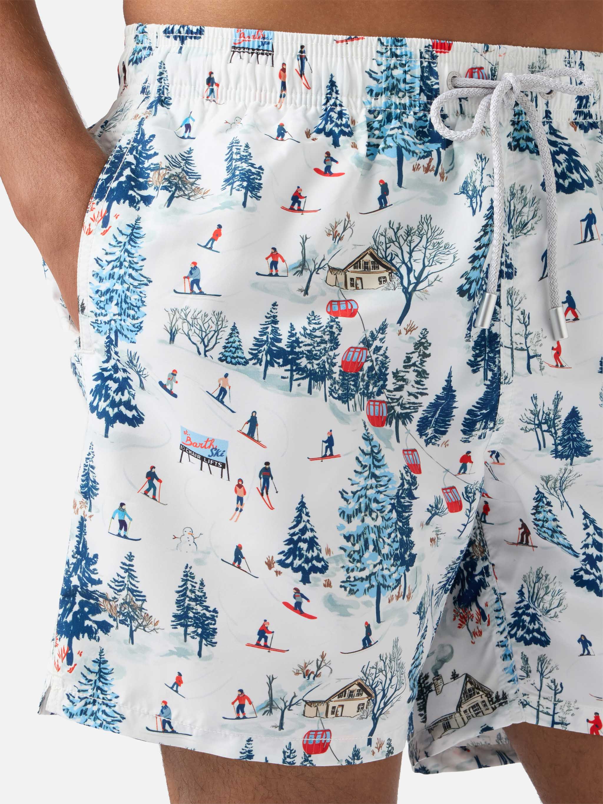 Mid-Length Gustavia Swim-Shorts With Ski Landscape Print White Swimshort