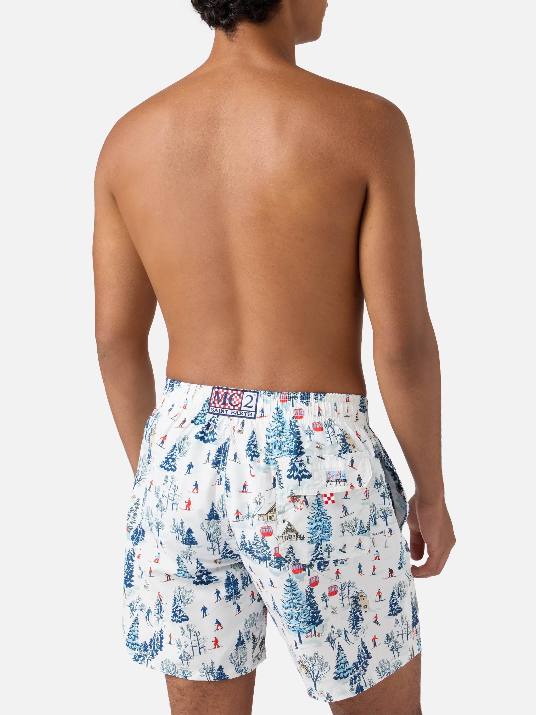 Mid-Length Gustavia Swim-Shorts With Ski Landscape Print White Swimshort