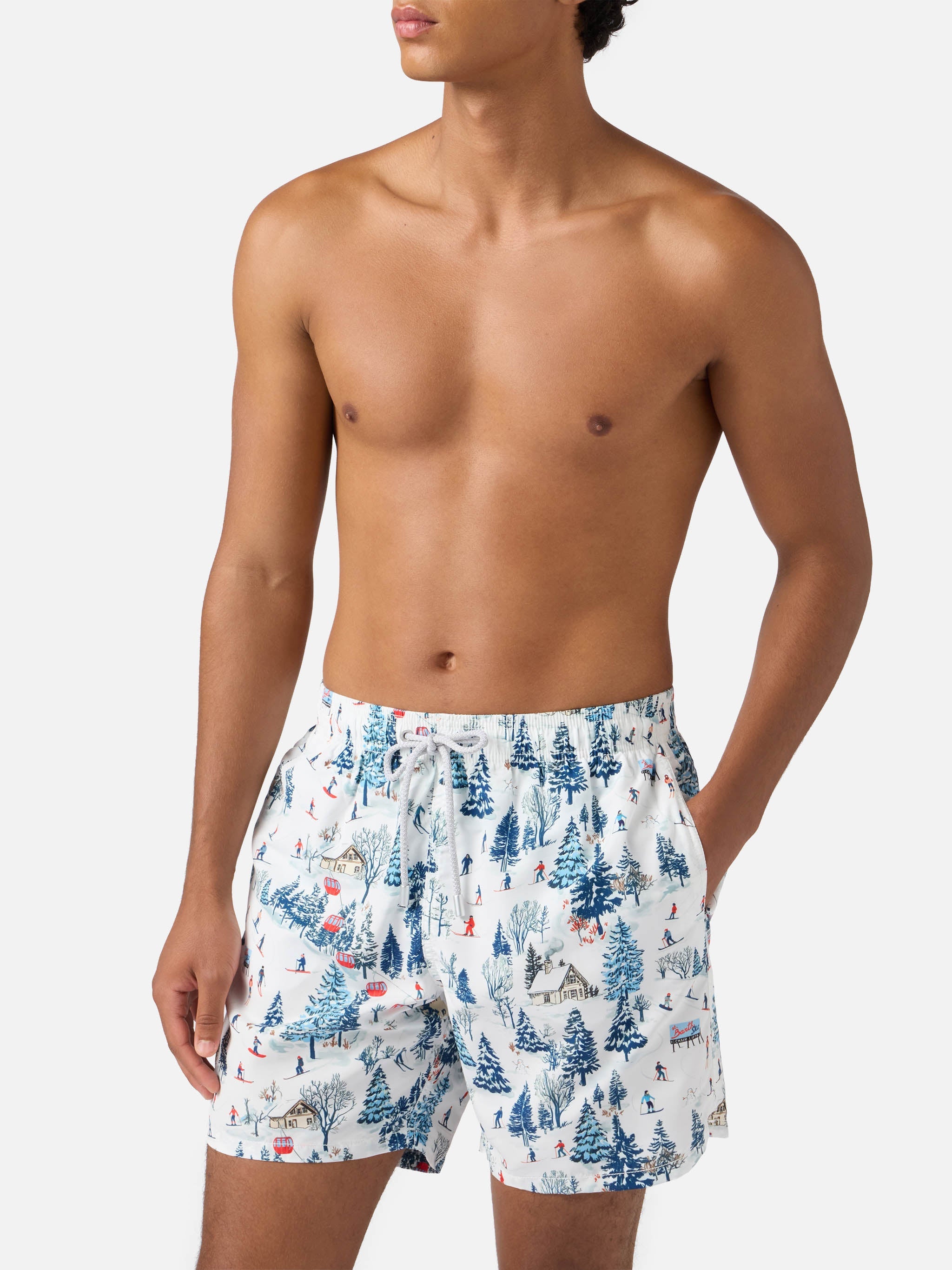 Mid-Length Gustavia Swim-Shorts With Ski Landscape Print White Swimshort