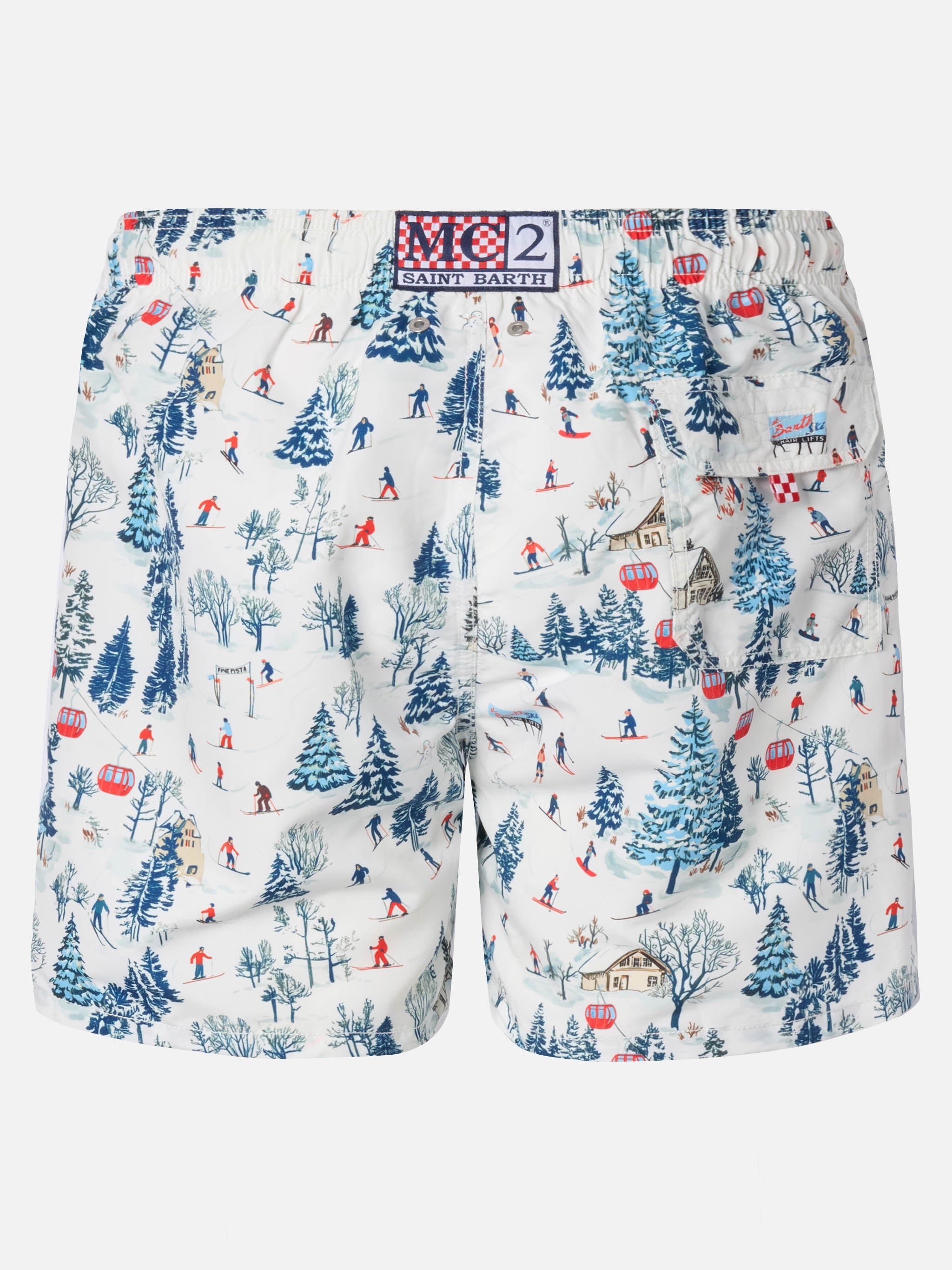 Mid-Length Gustavia Swim-Shorts With Ski Landscape Print White Swimshort