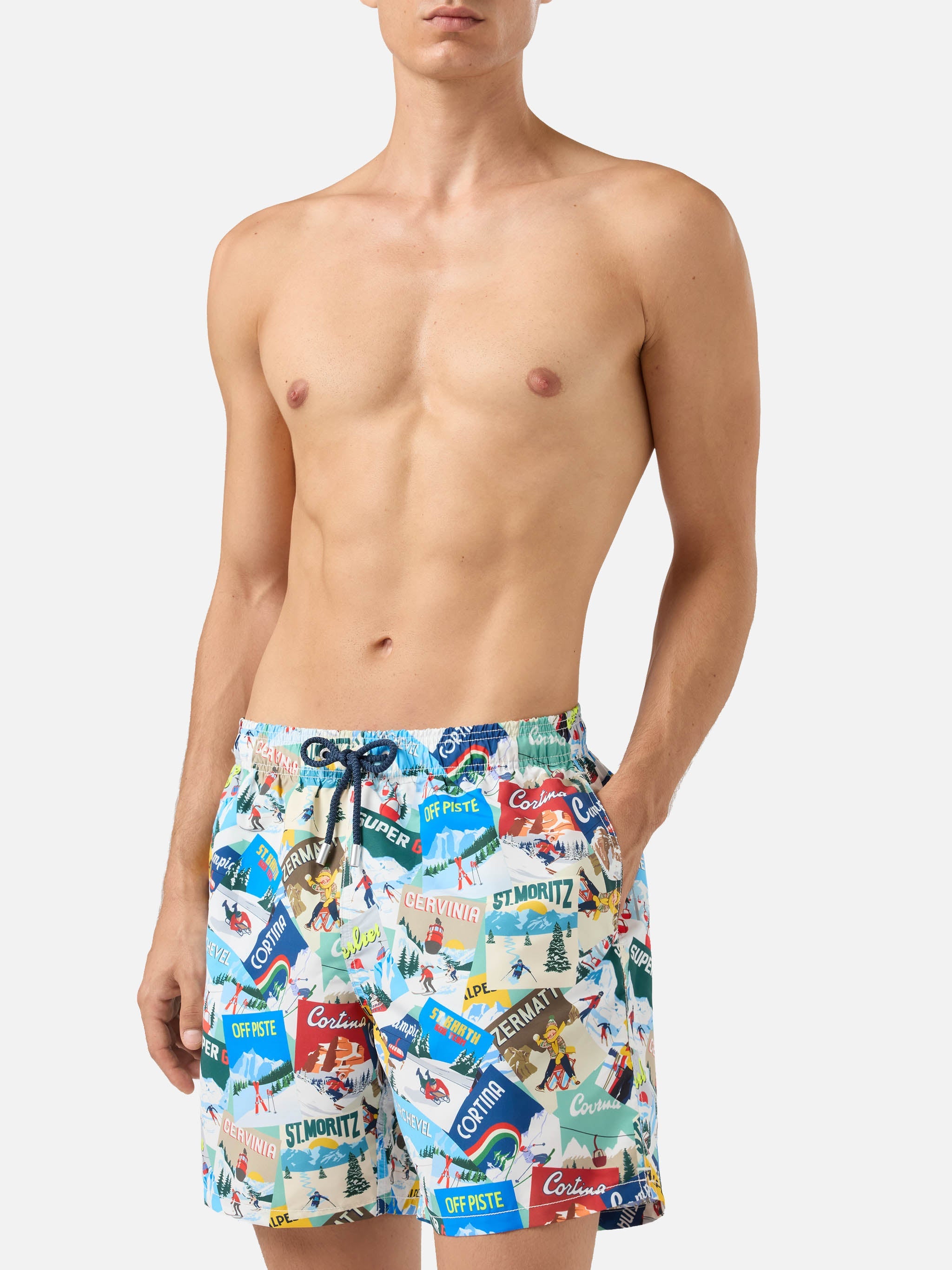 Mid-Length Gustavia Swim-Shorts With Postcards Print White Swimshort