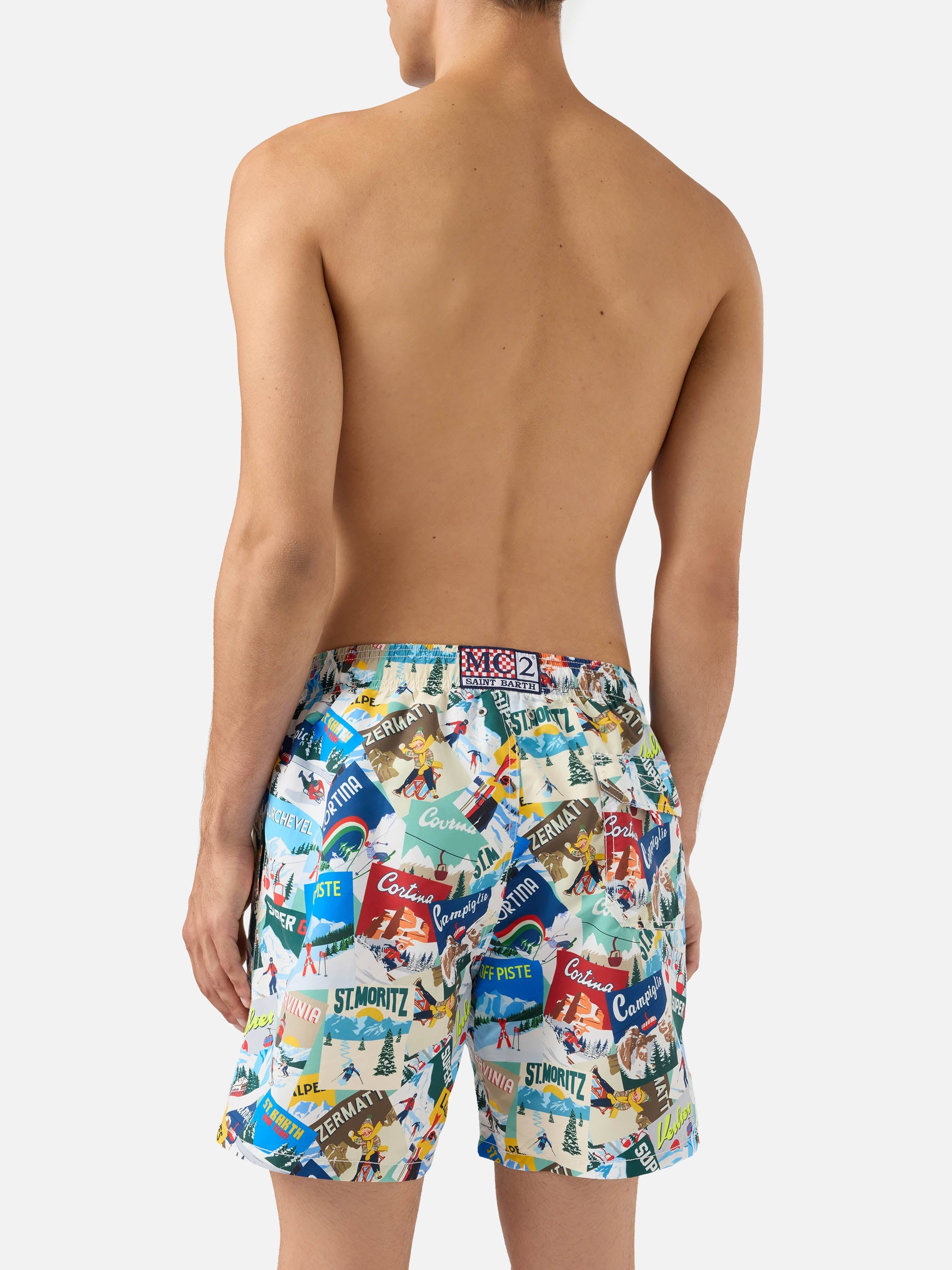 Mid-Length Gustavia Swim-Shorts With Postcards Print White Swimshort
